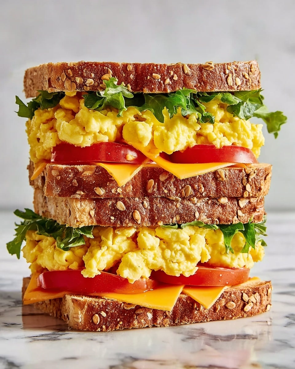 A tall, double-layer sandwich made with three thick slices of toasted multigrain bread, each layer filled with bright yellow scrambled eggs that look soft and fluffy. Between the eggs and bread, there are crisp green lettuce leaves and thick red tomato slices adding fresh color and texture. Thin slices of orange cheddar cheese are placed just above each layer of scrambled eggs, slightly melting into the eggs. The sandwich sits on a white marbled surface with a soft, natural light showing the sandwich’s textures clearly. photo taken with an iphone --ar 4:5 --v 7