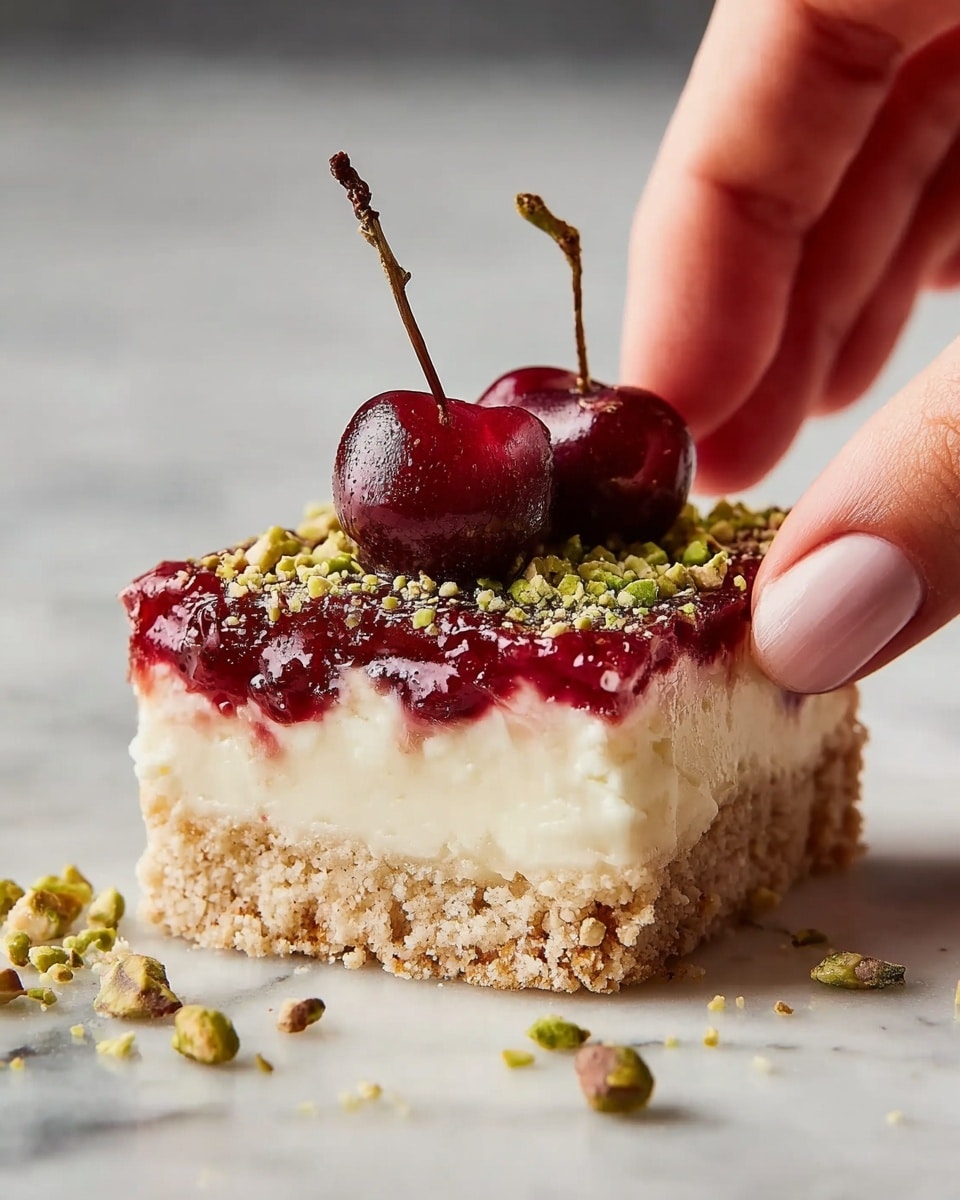 A square piece of cheesecake with three clear layers sits on a white marbled surface: the bottom layer is crumbly and beige, the middle layer is thick, creamy, and pale white, and the top layer is a shiny, deep red cherry glaze topped with two glossy whole cherries and sprinkled with green crushed pistachios. A woman's hand gently holds the dessert by one corner, showing the texture and thickness of each layer, while some crushed pistachio pieces are scattered around it. Photo taken with an iphone --ar 4:5 --v 7