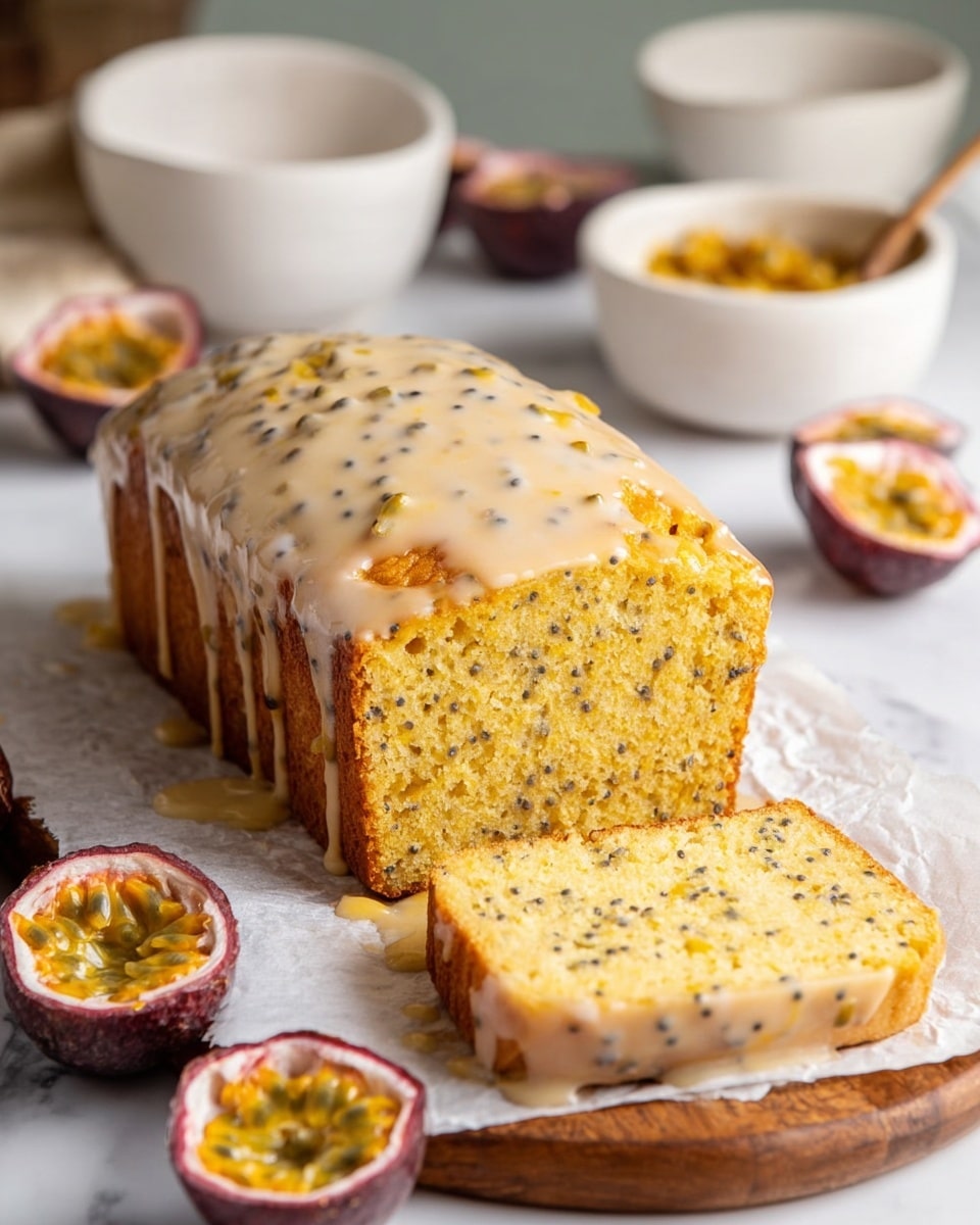 The image shows a loaf cake sitting on white parchment paper on a wooden board, with one slice cut and laid flat in front. The cake has a golden-yellow color with small black seeds dispersed inside, indicating a moist texture. The top is covered in a light beige glaze with visible black seeds, dripping slightly down the sides. Around the loaf are whole and halved passion fruits with bright yellow pulp and black seeds inside. In the background, there are white bowls with more fruit and glaze, all placed on a white marbled surface. Photo taken with an iphone --ar 4:5 --v 7