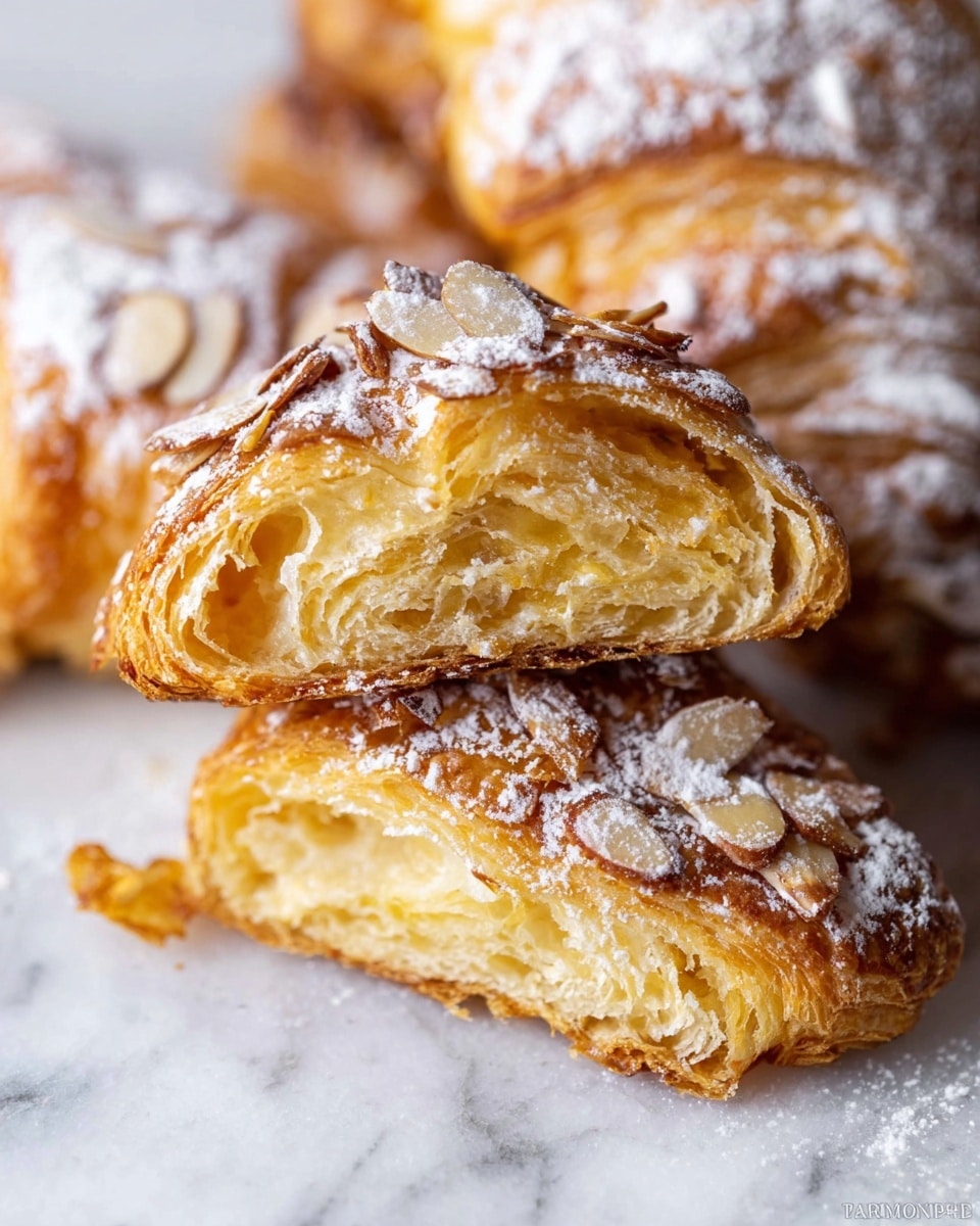 A close-up image shows two golden-brown almond croissant halves stacked on top of each other, revealing multiple flaky and airy layers inside with a soft yellow texture. The croissant's outside is crispy and has thin almond slices scattered on the surface, lightly dusted with white powdered sugar. Surrounding the main croissants are more croissants coated in powdered sugar with a crispy outer texture. The croissants sit on a white marbled surface. photo taken with an iphone --ar 4:5 --v 7