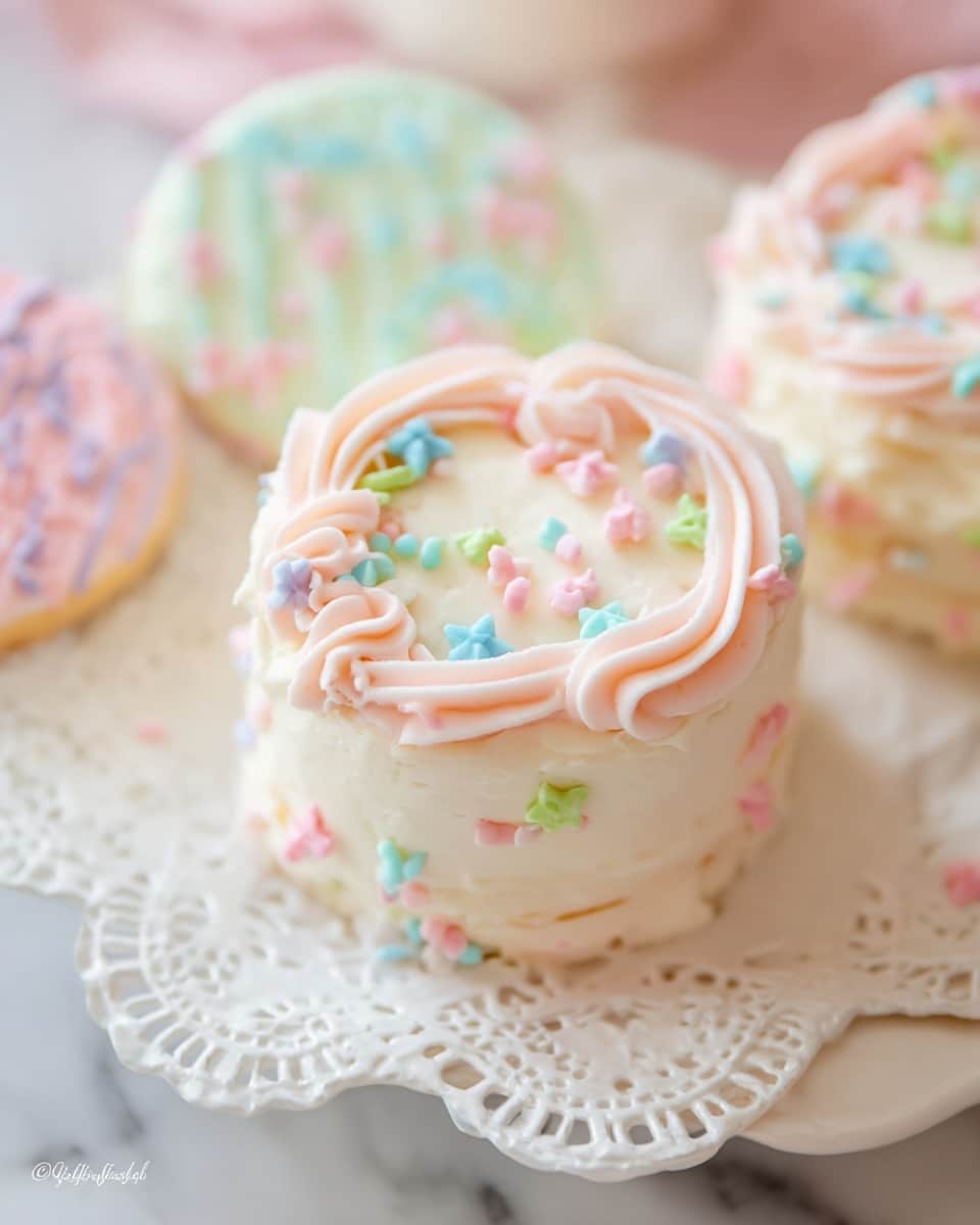 The image shows a small round cake with two visible layers covered in smooth white frosting. On top, there is delicate pink icing piped in loose swirls across the surface. Small pastel sprinkles in shapes like stars and dots in blue, pink, green, and yellow are scattered over the pink icing, adding color and texture. The cake sits on a white plate with a lacy edge, placed on a white marbled surface. Two other decorated treats with pastel-colored icing are partially visible near the main cake. The overall look is soft, pastel, and playful. photo taken with an iphone --ar 4:5 --v 7