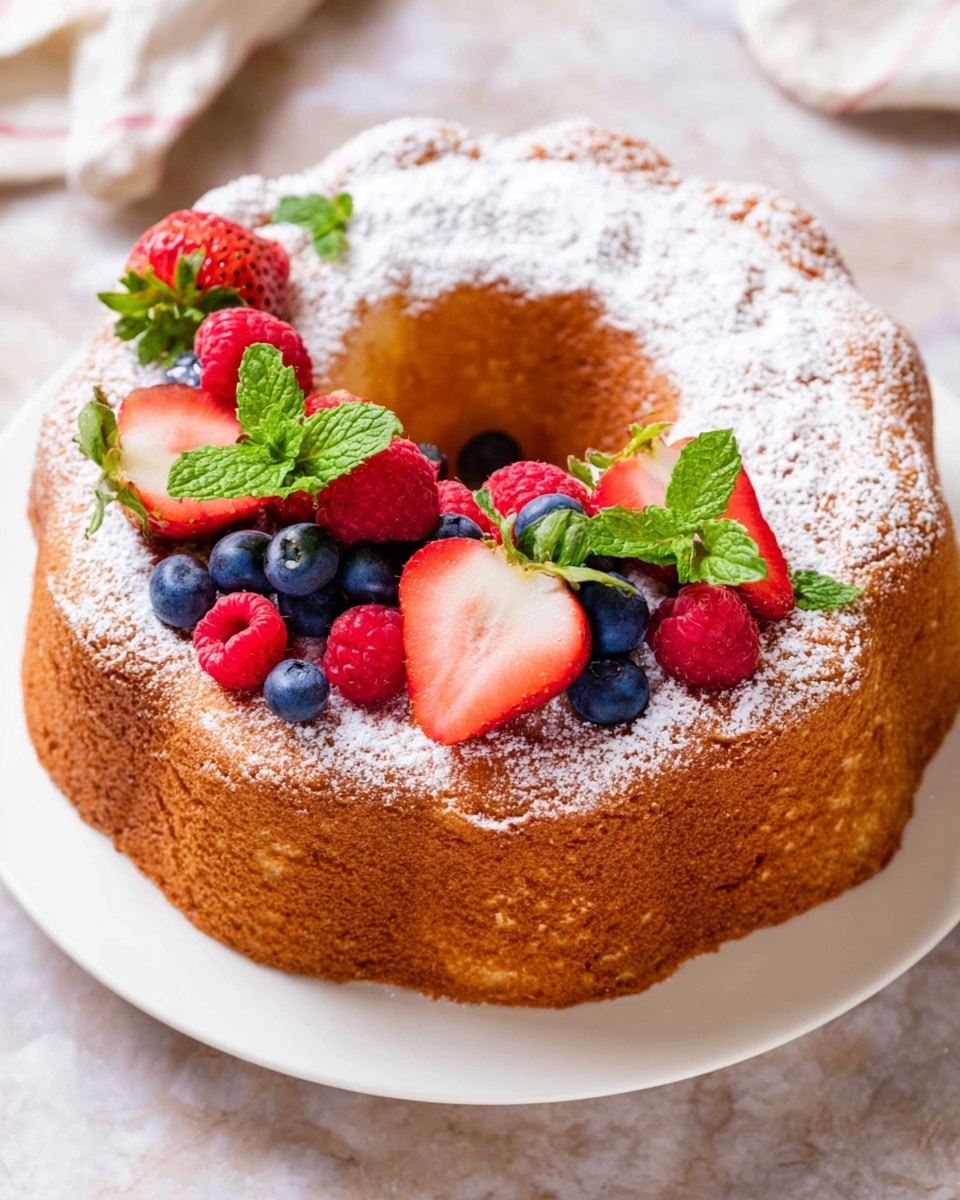 A light brown bundled cake with a rough textured surface sits on a white plate. The cake has a circular hole in the middle and is dusted with a light layer of powdered sugar. On top, there are three clusters of fresh fruits arranged in a semi-circle: bright red strawberry halves showing their white interiors with green leaves, dark blue round blueberries, vivid red raspberries, and fresh green mint leaves, adding color contrast and freshness. The cake is placed on a white marbled surface with a soft focus, giving a clean and bright setting. Photo taken with an iphone --ar 4:5 --v 7