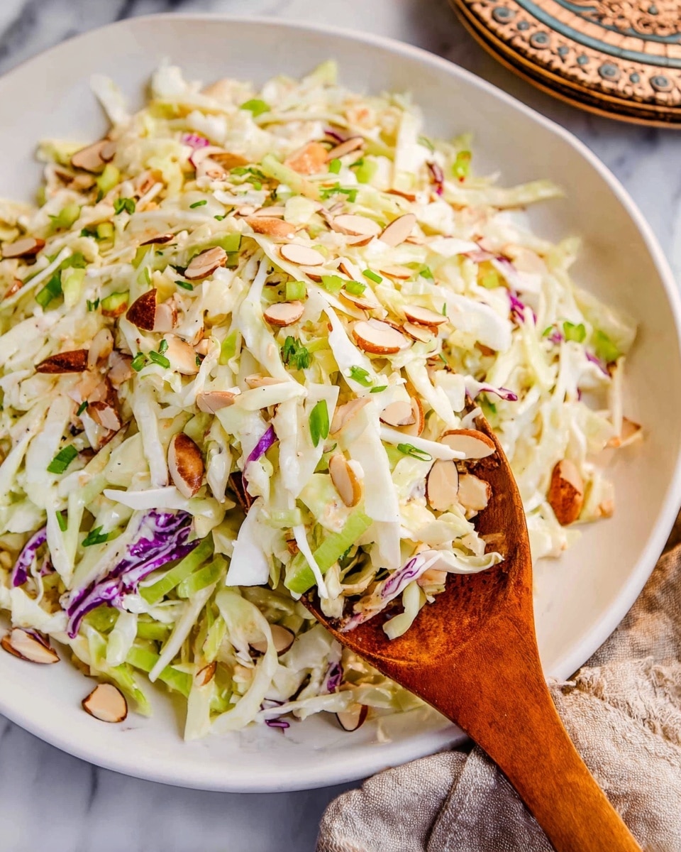 A close-up of a white plate filled with a colorful cabbage salad showing three main layers: the bottom layer is shredded white cabbage with some thin strips of purple cabbage mixed in, the middle layer is light green thinly sliced celery or green apple pieces with some fresh green chive-like herbs scattered on top, and the top layer is toasted almond slices adding a light brown color and crunchy texture. A wooden spoon rests on the plate lifting some salad. The scene is set on a white marbled surface, and part of a beige cloth and a decorative plate are visible in the background. photo taken with an iphone --ar 4:5 --v 7