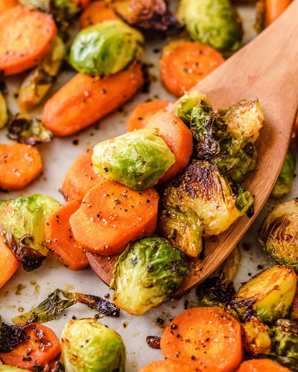 A wooden spoon holds a mix of roasted vegetables lifted from a white baking tray lined with parchment paper. The vegetables are mainly Brussels sprout halves with caramelized, dark green outer leaves, and thick, bright orange carrot slices with a slightly browned texture. The colors contrast well, showing a mix of green and orange with specks of black pepper and light charring. The background is a white marbled texture that adds brightness to the image. photo taken with an iphone --ar 4:5 --v 7