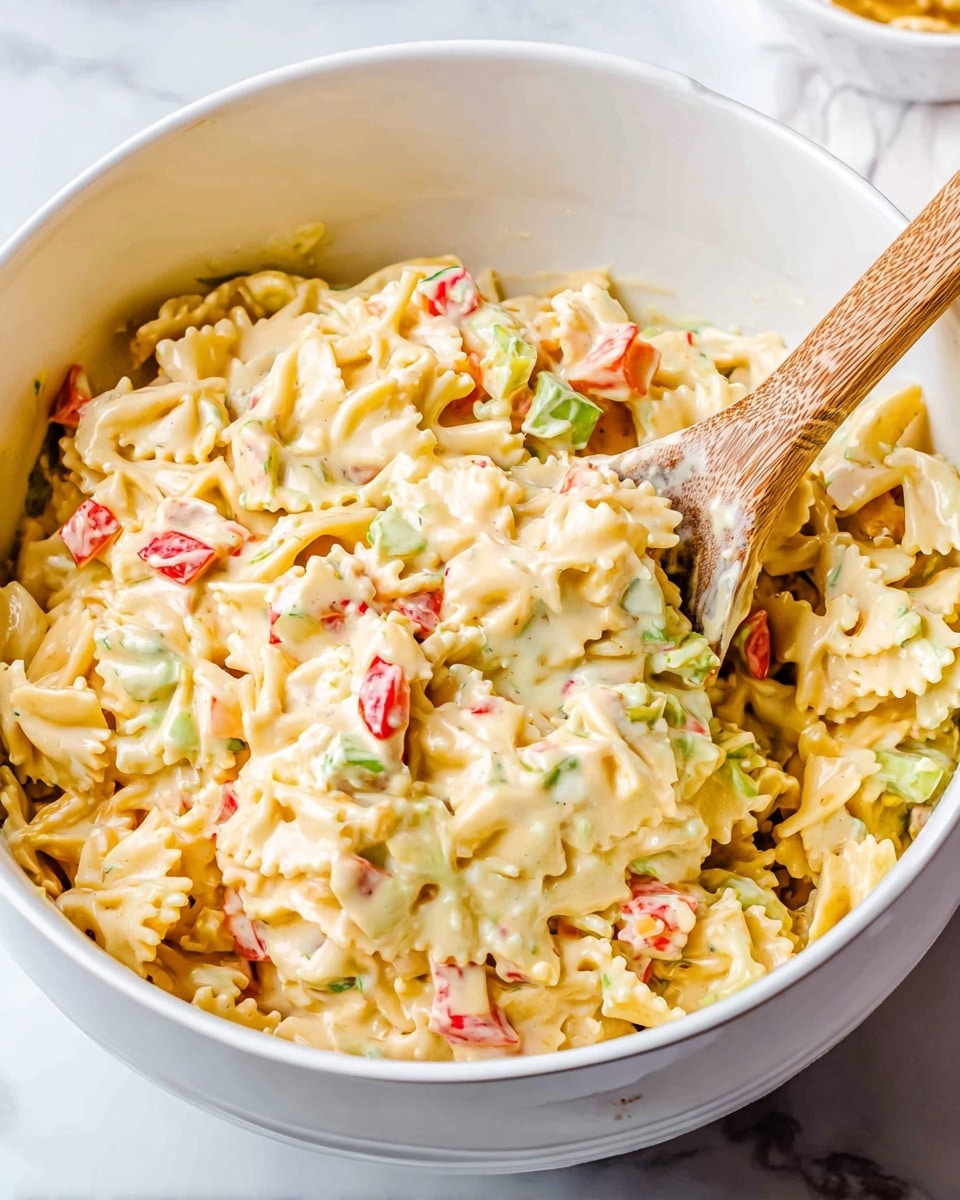 A large white bowl filled with creamy pasta salad that has three main visible layers: the bottom layer consists of pale yellow pasta with ruffled edges, the middle layer has small chunks of red and green vegetables adding bright pops of color, and the top layer is thick and creamy, coating the pasta and vegetables in a smooth, pale yellow dressing. A wooden spoon is partially inside the bowl with some pasta and vegetables on it, and the bowl sits on a white marbled surface. Photo taken with an iphone --ar 4:5 --v 7