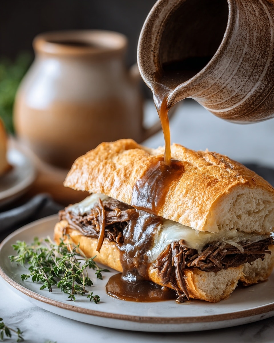 A medium toasted sandwich roll with a golden-brown crust holds a generous layer of dark brown shredded beef, topped with melted white cheese that is slightly stretchy. Warm brown gravy is being poured over the sandwich from a speckled beige ceramic jug. The sandwich sits on a round white plate with a fresh green thyme sprig beside it. The background features a white marbled texture and an out-of-focus beige cup. Photo taken with an iphone --ar 4:5 --v 7