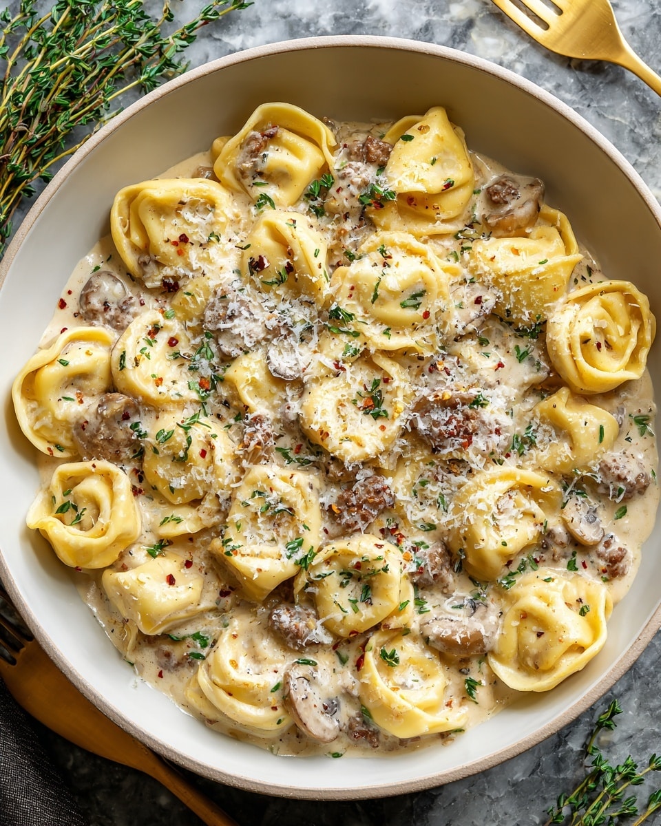 A white bowl full of creamy tortellini pasta sits on a white marbled surface, each pasta piece golden yellow and plump, folded into a ring shape. The pasta is mixed with small brown mushroom slices and bits of browned meat, all coated in a thick white cream sauce. The dish is topped with finely grated white cheese and sprinkled with green herbs and small red pepper flakes, adding texture and color. Golden cutlery is placed to the side of the bowl, and fresh sprigs of green thyme are nearby. photo taken with an iphone --ar 4:5 --v 7