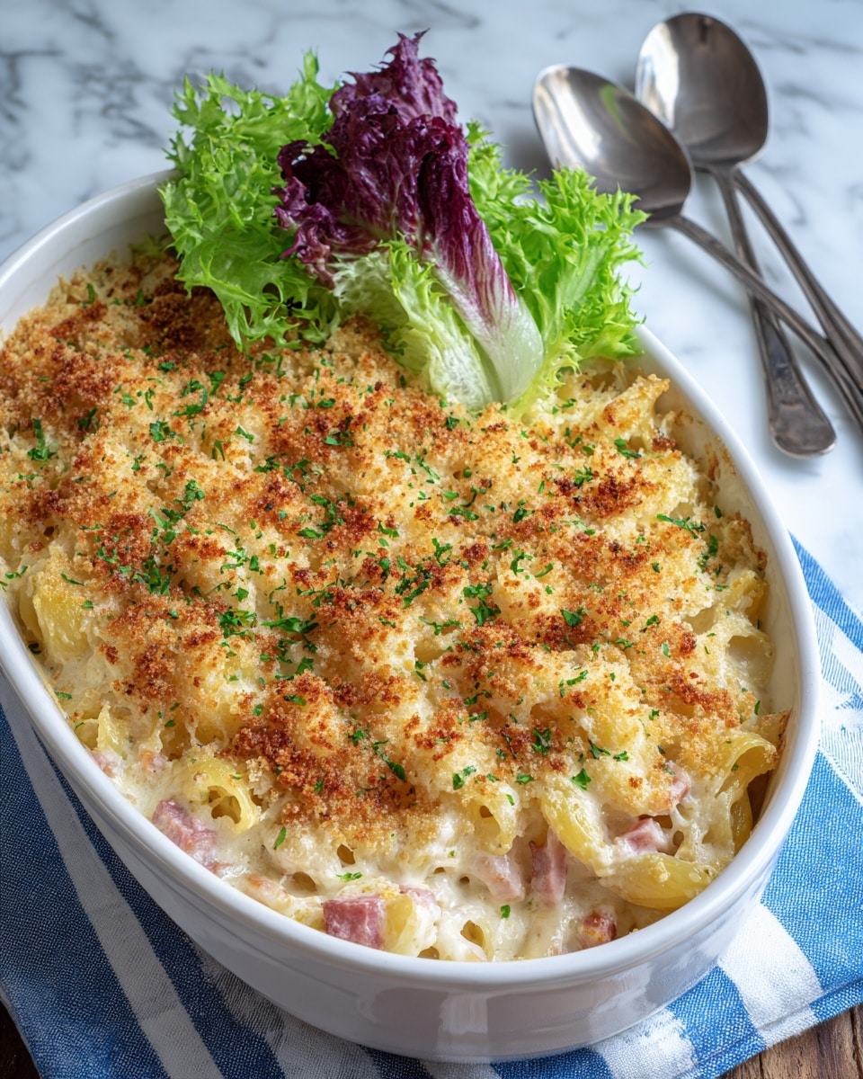 A white oval dish holds a baked pasta casserole with three visible layers: the bottom layer is creamy pasta mixed with pieces of ham and chicken in a light sauce, the middle layer is a smooth white cheese sauce enveloping the pasta, and the top layer is a golden brown, crispy breadcrumb crust sprinkled with chopped green herbs. On one side of the dish, bright green and purple lettuce leaves are placed as garnish. The dish is set on a white marbled surface with a blue and white striped cloth and two silver forks in the background. photo taken with an iphone --ar 4:5 --v 7