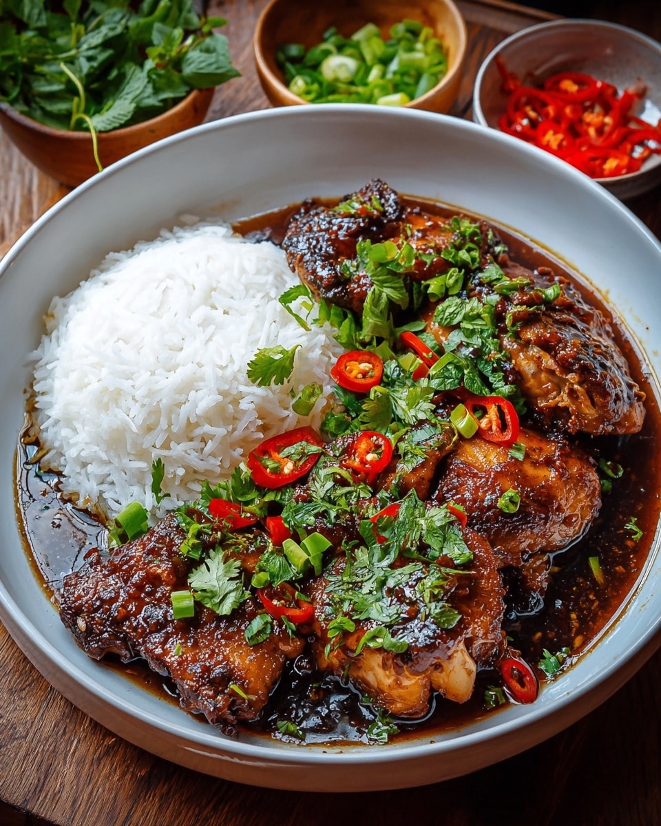 A white bowl filled with two main layers: the right side has a mound of plain white rice, while the left side features several pieces of grilled chicken coated in a dark, glossy sauce. The chicken is topped with chopped green onions, fresh cilantro leaves, and thin slices of red chili peppers, adding vibrant green and red accents. The sauce slightly spreads around the chicken and rice, creating a rich, shiny pool. The bowl is placed on a wooden surface with small bowls holding fresh herbs and sliced red chilies nearby. photo taken with an iphone --ar 4:5 --v 7