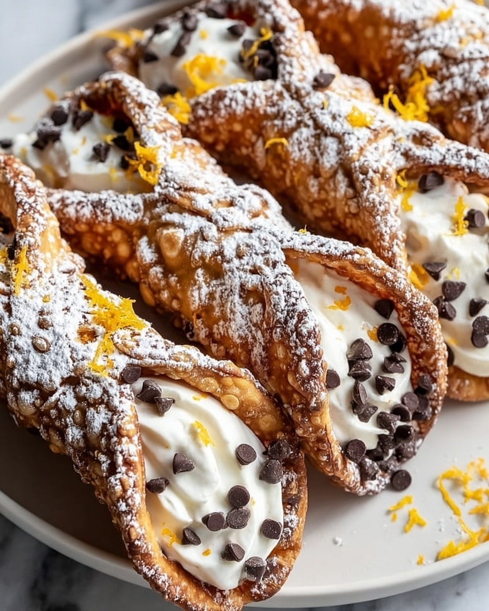 The image shows several crispy cannoli shells filled with smooth white cream, each filled generously and topped with small dark chocolate chips scattered on the cream and around the edges. The shells are light golden brown with a crunchy texture, dusted heavily with white powdered sugar. Small pieces of orange zest are sprinkled on top, adding a bright touch of color. The cannoli are arranged closely together on a white plate placed on a white marbled surface. Photo taken with an iphone --ar 4:5 --v 7