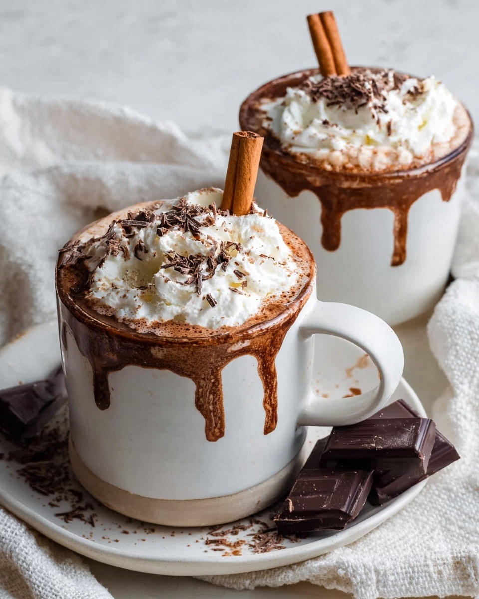 Two white ceramic mugs filled with rich, dark brown hot chocolate sit on a white plate on top of a white marbled textured surface. Each mug has drips of hot chocolate running down the sides, adding a casual, homemade feel. On top of the hot chocolate is a thick layer of fluffy white whipped cream, slightly melting into the drink, sprinkled with small, dark chocolate shavings. Each mug is also garnished with a single cinnamon stick standing upright in the whipped cream. Next to the mugs on the plate are a few pieces of broken dark chocolate. The scene is cozy and inviting, with soft textures and warm tones. Photo taken with an iphone --ar 4:5 --v 7