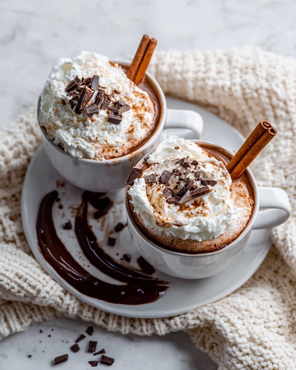 Two white mugs filled with a rich, dark brown drink sit on a white plate. Each mug is topped with a thick, fluffy layer of white whipped cream sprinkled with small pieces of dark chocolate. A slim cinnamon stick stands upright in the whipped cream of both mugs. One mug shows some whipped cream mixing into the drink, creating swirls of light brown and white. The white plate underneath has a loose swirl of chocolate sauce and some chocolate crumbs scattered around, placed over a soft, cream-colored knitted cloth, on a white marbled texture. photo taken with an iphone --ar 4:5 --v 7