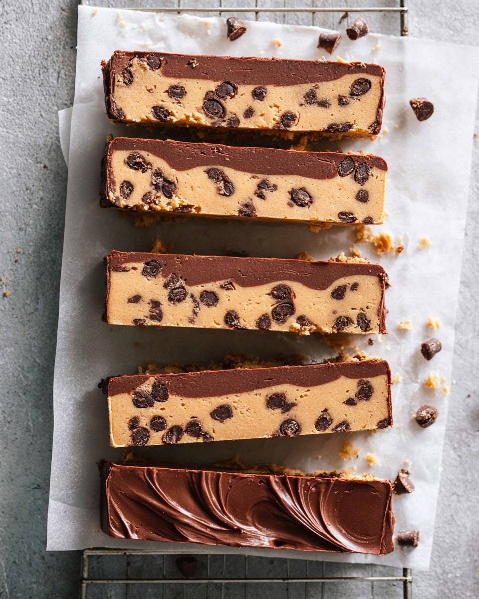 The image shows six rectangular cookie dough bars arranged in a neat row on white marbled parchment paper. Each bar has two layers: the top layer is a creamy light brown cookie dough with visible dark chocolate chips scattered throughout, and the bottom layer is a smooth, rich dark brown chocolate base. The chocolate layer has a shiny, slightly textured surface with gentle swirls, while the cookie dough layer looks soft and dense. Small chocolate chips and crumbs are scattered around the bars on the parchment paper, which rests on a metal cooling rack beneath. The overall look is clean and appetizing, with the bars evenly spaced and parallel. photo taken with an iphone --ar 4:5 --v 7