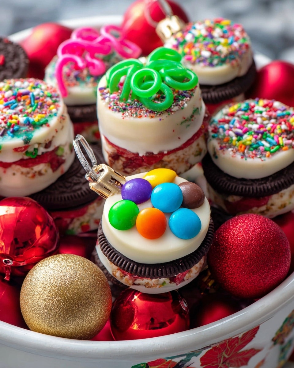 The image shows Christmas-themed treat stacks shaped like ornaments, each with three layers: a bottom dark brown Oreo cookie, a middle red filling layer, and a top white chocolate layer decorated with colorful candy pieces in red, green, orange, yellow, purple, and multicolor sprinkles. Each stack has a small chocolate cup at the top, mimicking an ornament cap, and colorful curly licorice pieces in green, pink, and blue sticking out to look like ornament hooks. The treats sit in a white round container with festive decorations, surrounded by shiny red and gold Christmas balls, all placed on a white marbled surface. photo taken with an iphone --ar 4:5 --v 7