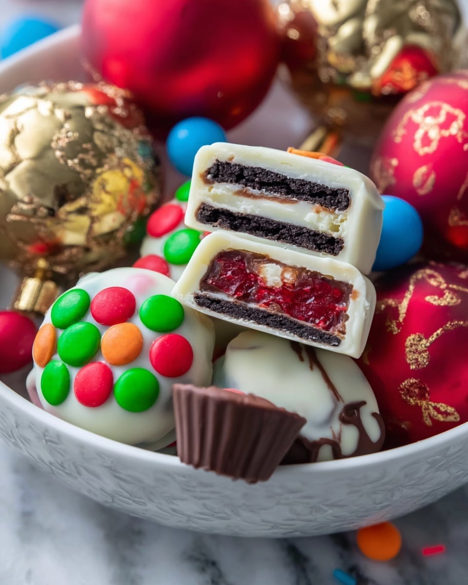 The image shows a group of colorful treats arranged together. One treat is cut in half, showing three layers: a white outer coating, two thin dark brown cookie layers, and a bright red filling in the middle. Another treat has a white coating with red and green candy pieces on top arranged in a pattern, and a small chocolate cup attached to the side. The treats are placed on a white bowl with a subtle pattern, and in the background, there are shiny Christmas ornaments in red and gold with hints of blue and orange sprinkles around. The setting has a white marbled surface. photo taken with an iphone --ar 4:5 --v 7
