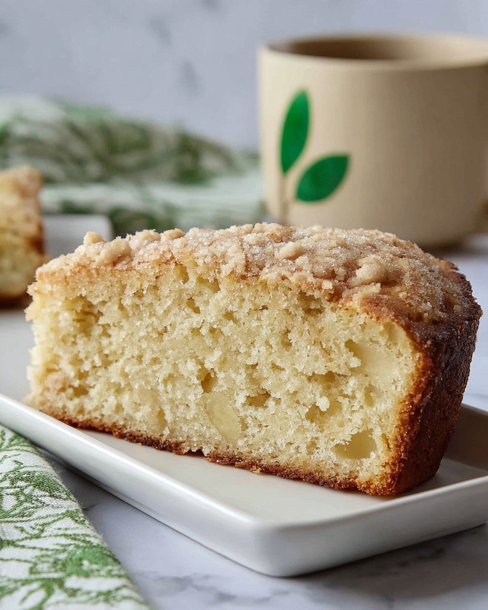 A thick slice of light golden cake with a crumbly, slightly rough texture sits on a white rectangular plate. The cake has one main layer, showing a moist and spongy inside with small air pockets and bits of what looks like fruit or nuts inside. The top is lightly browned with a crumbly surface, possibly sugared. The plate is set on a white marbled surface with a green and white cloth in the background, and a beige cup with a simple green leaf design is placed to the right, slightly blurred. Photo taken with an iphone --ar 4:5 --v 7