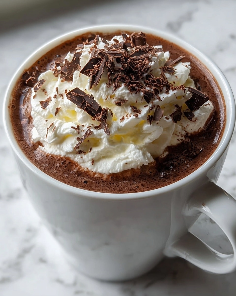 A white ceramic mug filled with dark brown hot chocolate topped with a generous swirl of white whipped cream. On top of the whipped cream, there are thin, irregular dark chocolate shavings scattered all over, adding texture and contrast. The mug sits on a white marbled surface with subtle gray veining, and the focus is close-up, showcasing the creamy and rich texture of the drink and toppings. Photo taken with an iphone --ar 4:5 --v 7