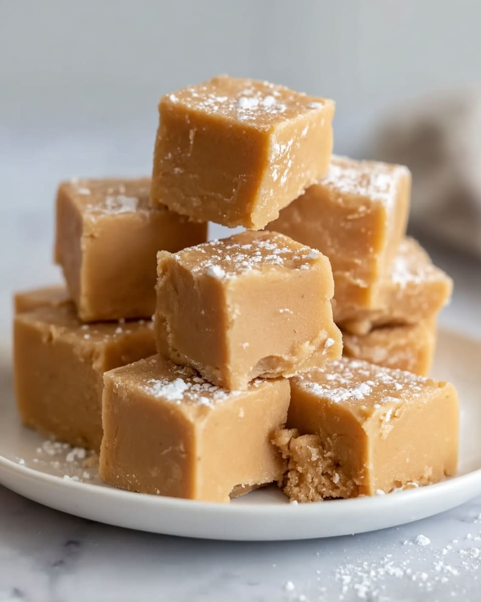 A white plate holds a stack of eight light brown fudge squares, arranged in three layers. The bottom layer has four cubes tightly placed side by side, the middle layer has three cubes slightly staggered, and the top layer has a single cube angled on top. Each cube shows smooth, creamy texture with some rough edges and small cracks. A few cubes have a dusting of white powdered sugar on top. The background has a soft blur with a white marbled texture surface beneath the plate. photo taken with an iphone --ar 4:5 --v 7
