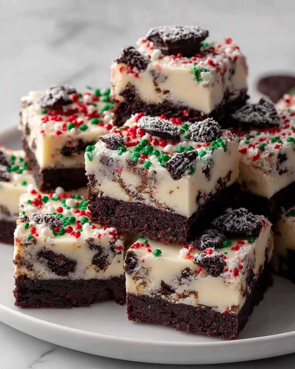 A white plate filled with a stack of square dessert bars, each having two clear layers: a thick dark brown brownie base on the bottom and a creamy white cheesecake layer on top. The cheesecake layer is mixed with chunks of dark cookie pieces visible throughout. The tops of the bars are decorated with red, green, and white sprinkle bits along with small pieces of dark cookies. The bars are closely stacked, showing a mix of smooth cheesecake texture and crumbly brownie base. The background is a white marbled surface. photo taken with an iphone --ar 4:5 --v 7