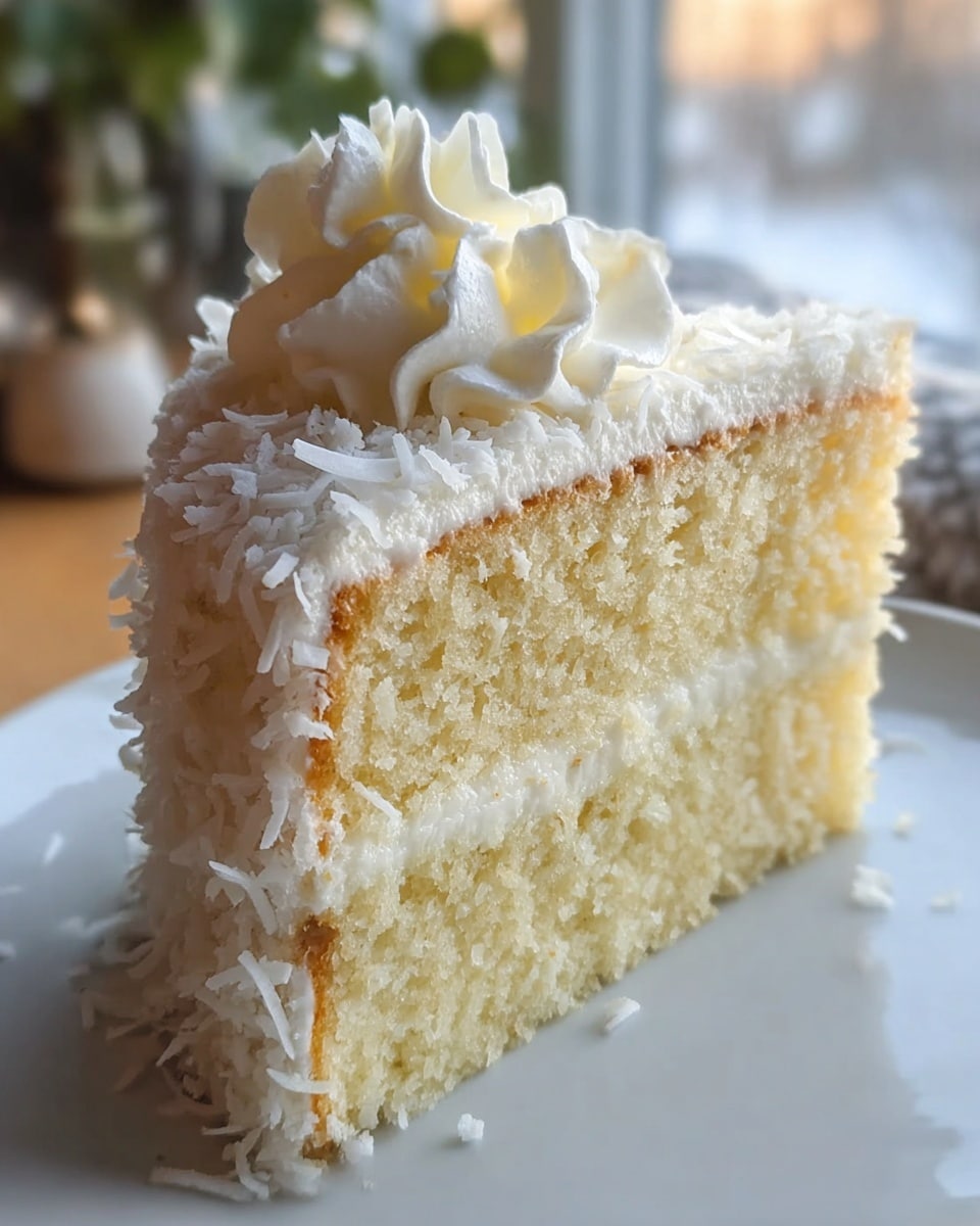 A single slice of coconut cake sits on a white plate, showing two thick, soft yellow cake layers with white creamy filling between them. The outside of the cake is covered in white frosting and sprinkled with shredded coconut, giving it a rough texture. On top, there is a swirl of white whipped cream, adding a smooth and fluffy contrast. The background shows a soft-focus kitchen scene with warm natural light. photo taken with an iphone --ar 4:5 --v 7