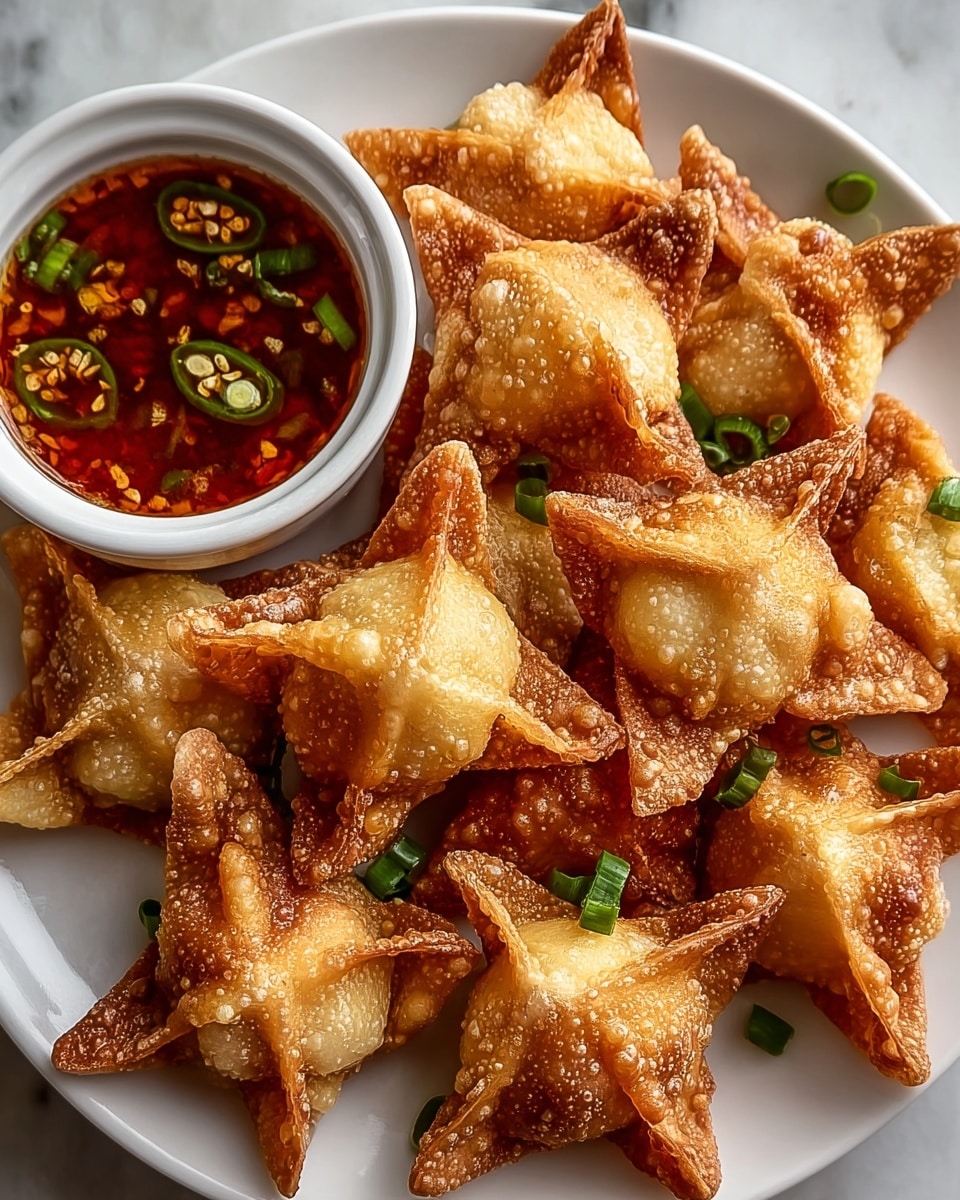 A white plate filled with golden-brown fried wontons arranged in a neat pile, each piece showing a crispy texture with small bubbles on the surface. Bright green chopped scallions are sprinkled lightly over and around the wontons. At the top left of the plate, a white bowl holds a reddish-brown dipping sauce with visible chili flakes and pieces of green chili floating on top. The scene is set on a white marbled surface. photo taken with an iphone --ar 4:5 --v 7