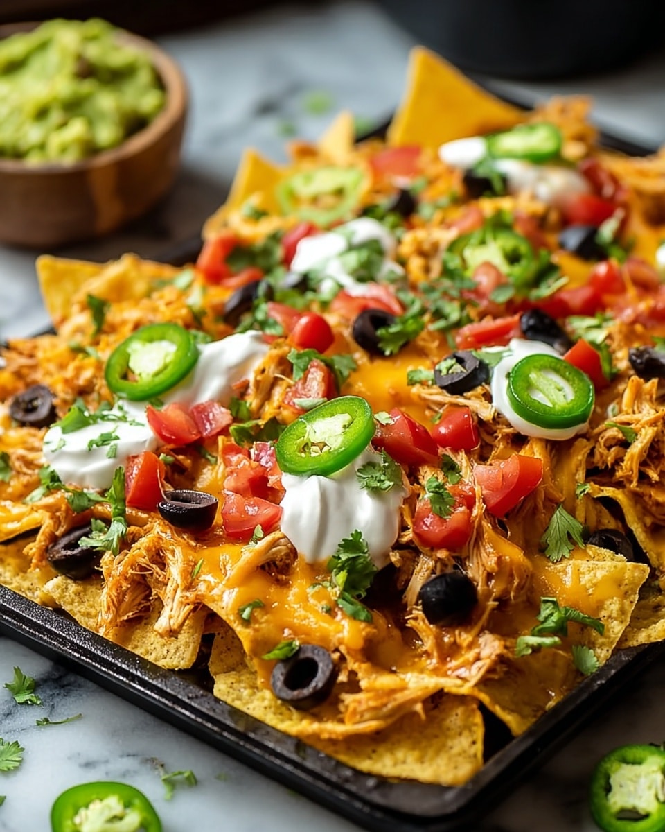 A black tray filled with a thick layer of yellow corn nacho chips topped with melted golden cheddar cheese, shredded orange-brown cooked chicken, bright red diced tomatoes, and dark purple black olives scattered across. Thin green slices of fresh jalapeños and dollops of white sour cream are spread evenly on top, with some green cilantro leaves sprinkled over everything. The tray is resting on a white marbled surface with a blurred bowl of guacamole in the background. photo taken with an iphone --ar 4:5 --v 7