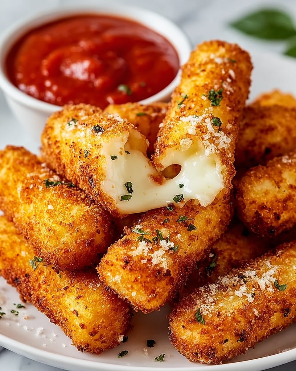 A white plate holds a pile of golden brown, crispy mozzarella sticks, each coated with a crunchy breadcrumb layer sprinkled with small bits of green herbs. One mozzarella stick is broken open near the center, showing a soft, gooey white cheese inside. In the background, a small white bowl filled with bright red marinara sauce is partially visible. The plate is placed on a white marbled textured surface, adding a clean and fresh look to the scene. photo taken with an iphone --ar 4:5 --v 7