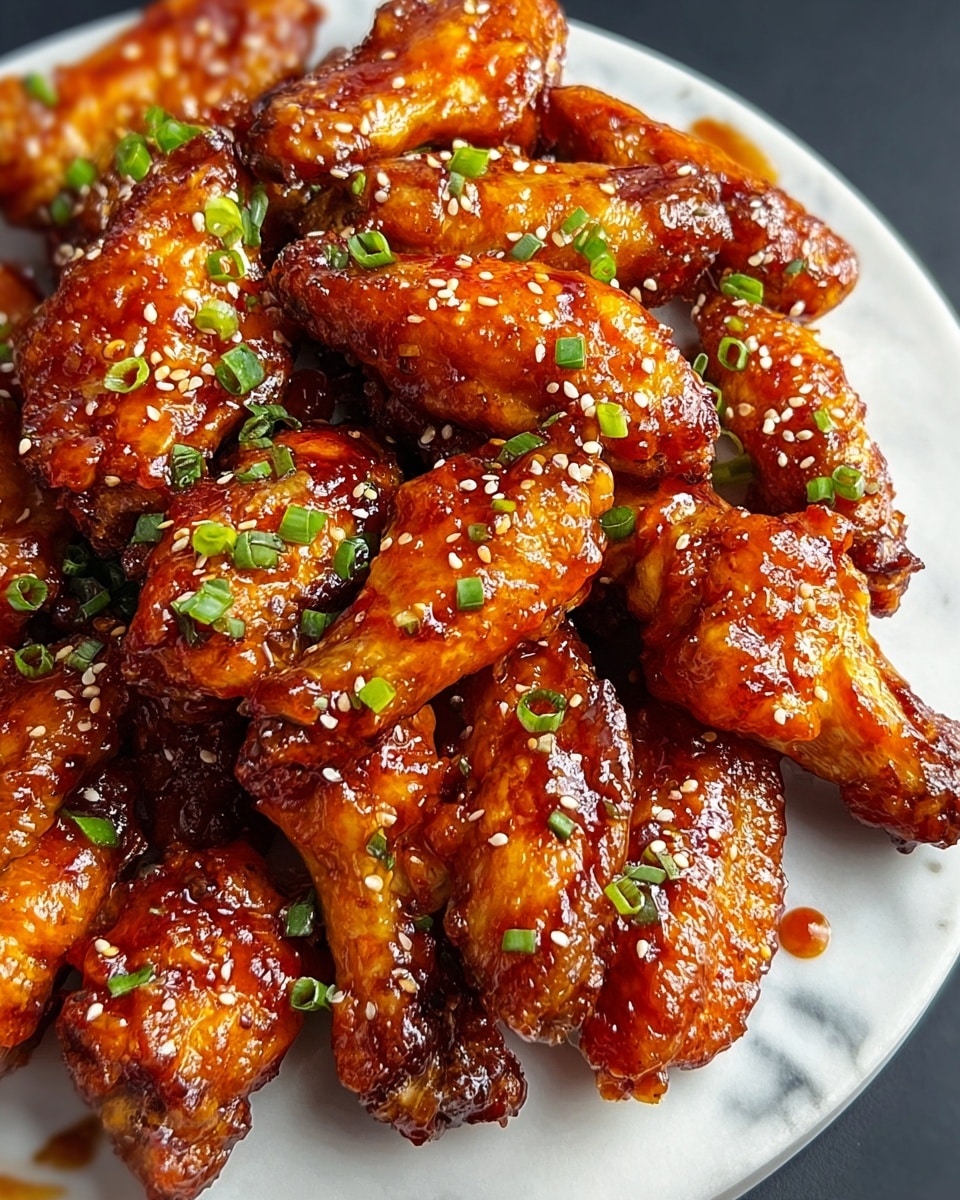 A pile of shiny chicken wings coated in a thick, sticky orange-brown sauce sits on a white plate. The wings have a crispy skin covered in sauce that reflects light, making them look juicy and flavorful. Small white sesame seeds and chopped green onion pieces are scattered on top, adding texture and color contrast. The plate rests on a white marbled surface that enhances the rich colors of the wings. photo taken with an iphone --ar 4:5 --v 7