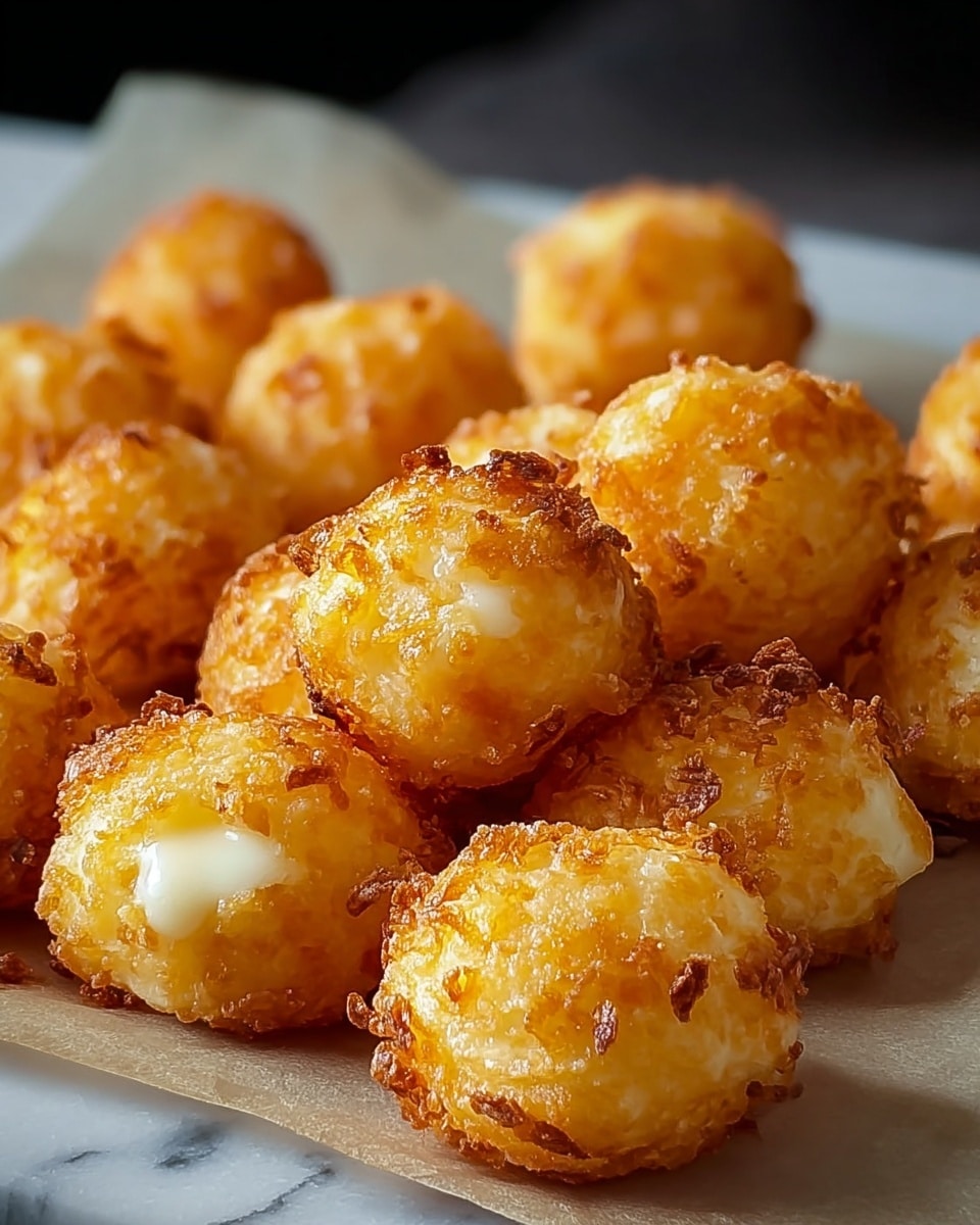 The image shows a tray of small golden-brown fried cheese balls. Each ball is round and textured with crispy, crunchy bits on the outside, with some cheese melting slightly and oozing out. The balls are arranged closely together on a sheet of parchment paper, all sitting on a white marbled surface with a dark blurred background, making the golden colors pop strongly. The lighting highlights the crispy outer layer and gooey inside of the cheese balls, giving a warm and appetizing look. photo taken with an iphone --ar 4:5 --v 7