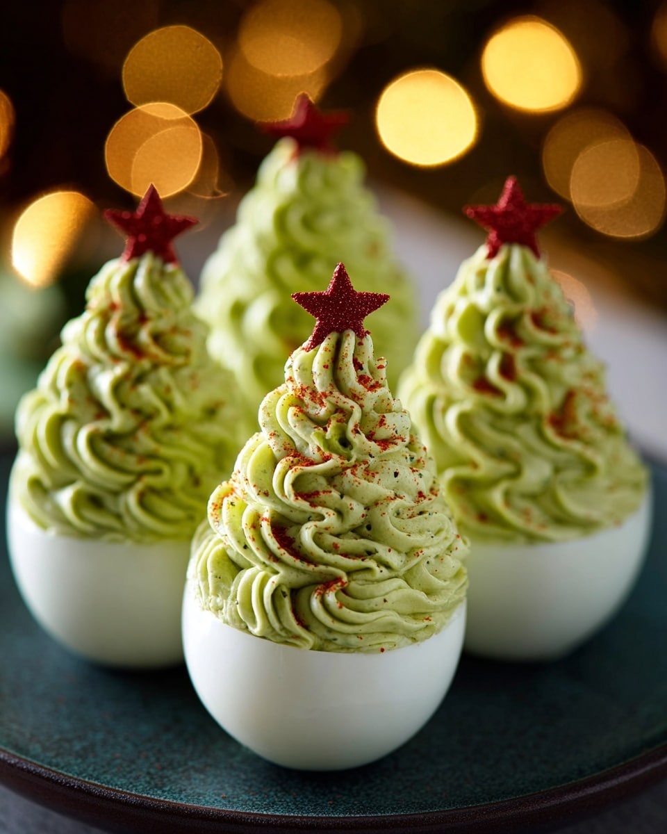 The image shows four white half egg shells filled with creamy green filling piped in a swirled Christmas tree shape, each tree decorated with a small red star on top and lightly sprinkled with red seasoning. The green filling has a textured, smooth yet slightly ridged look, resembling soft waves. The egg whites form the clean, smooth base layer holding the green topping. The background features a soft, out-of-focus effect with warm yellow light circles, sitting on a dark round surface. Photo taken with an iphone --ar 4:5 --v 7