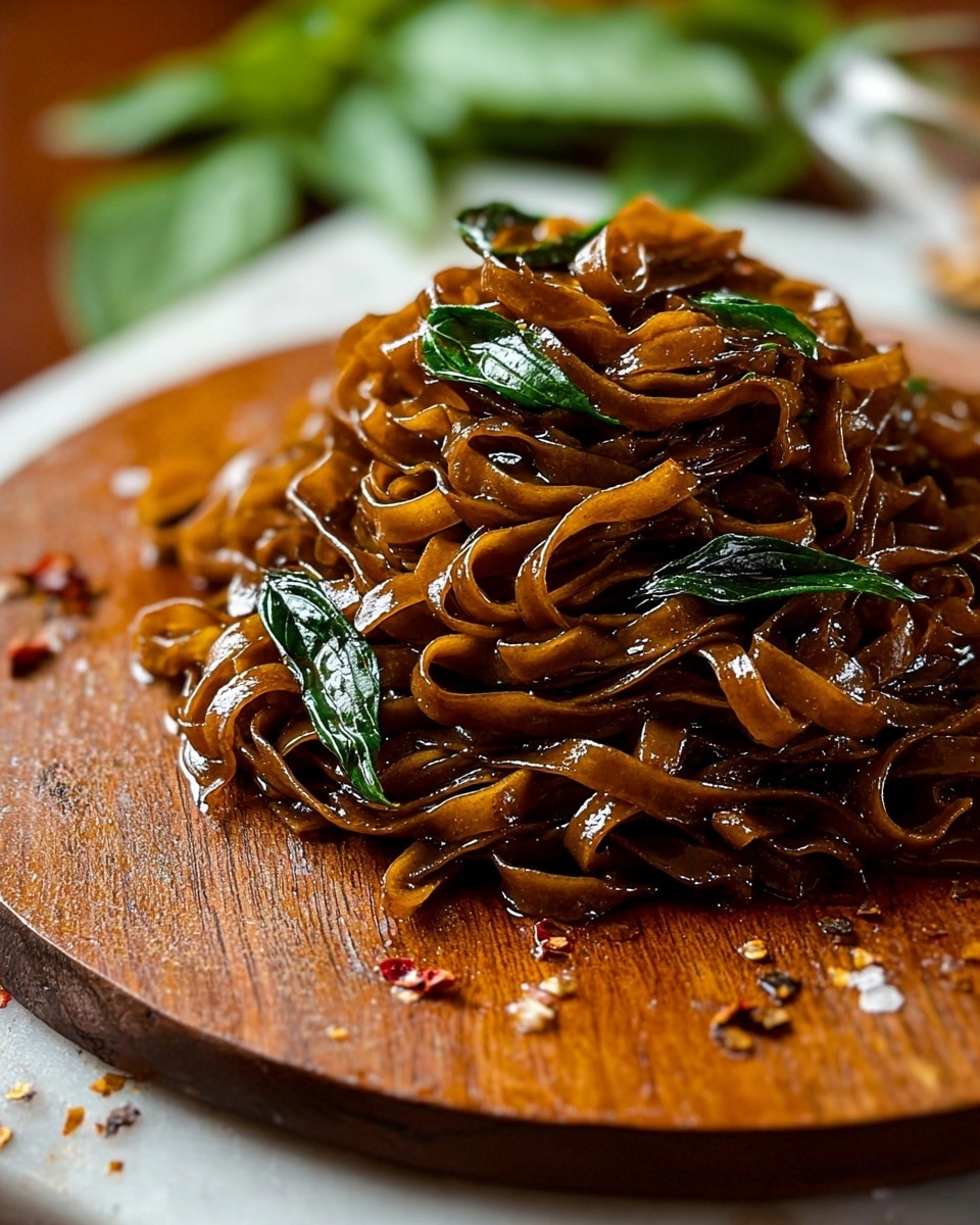 A close-up of dark brown flat noodles coated in a shiny sauce, layered thickly and folded loosely on a round wooden board. On top of the noodles, dark green glossy basil leaves add contrast and bright color. The sauce clings to the noodles, giving them a wet, glistening texture, while the background shows blurred green leaves and a white marbled surface below the board. Small bits of sauce and seasoning are scattered around the base of the noodles. photo taken with an iphone --ar 4:5 --v 7