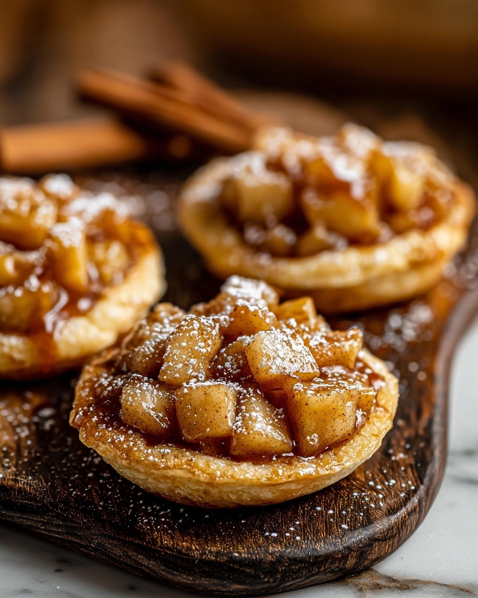 The image shows three mini apple tarts placed on a dark wooden board over a white marbled texture. Each tart has a flaky, light golden-brown crust as the base layer, crimped and slightly cracked around the edges. The top layer is a glossy, thick glaze covering small, chunky pieces of cooked apples that are a warm, golden amber color with visible specks of cinnamon. The tarts are closely arranged, with the front tart in sharp focus while the others are softly blurred in the background, creating a cozy and inviting look. Photo taken with an iphone --ar 4:5 --v 7