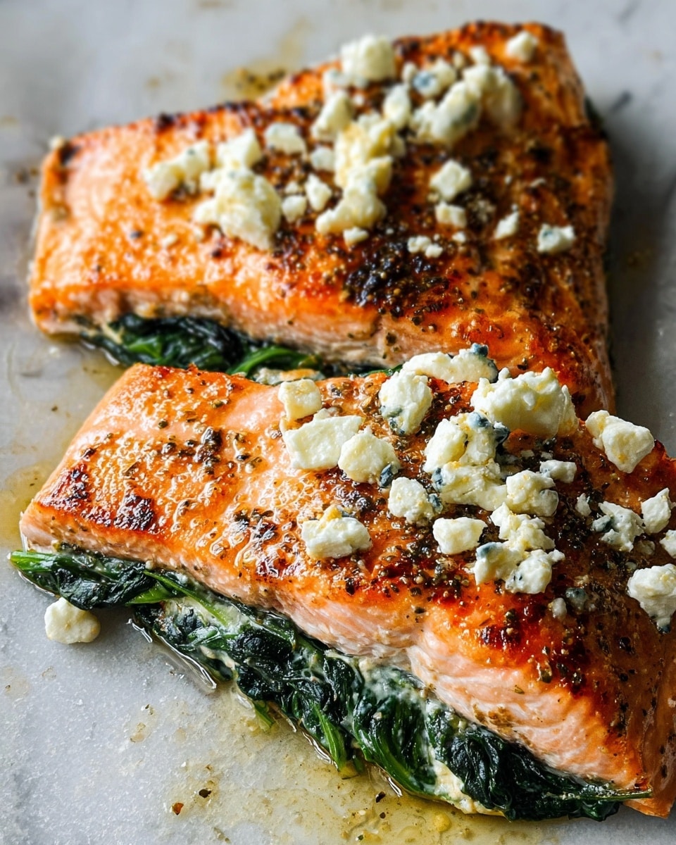 Two thick pieces of cooked salmon with a slightly crispy orange-golden crust sit on a flat surface with a white marbled texture. Each salmon piece is stuffed with dark green cooked spinach layers in the middle that add a leafy texture. On top of and inside the salmon, there are scattered small chunks of white crumbly cheese, adding a rough texture contrast. The salmon shows some specks of seasoning and oil around it, giving a glossy and flavorful look. Photo taken with an iphone --ar 4:5 --v 7
