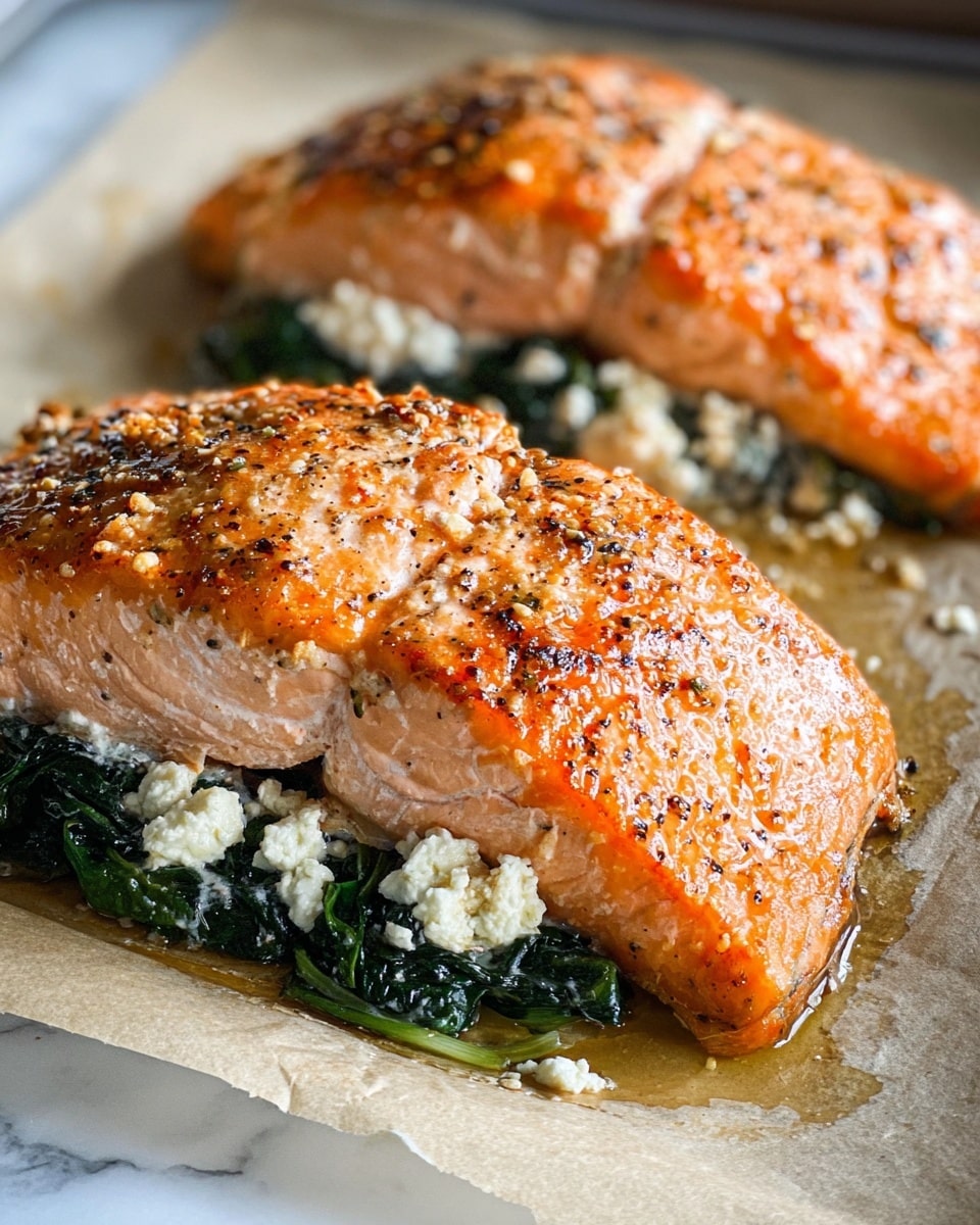 This image shows two cooked salmon fillets, each with three layers: the top layer is a golden brown, slightly crispy salmon skin with seasoning visible, the middle layer is soft pink cooked salmon flesh with a tender texture, and the bottom layer is a mix of cooked dark green spinach and white crumbly feta cheese, all sitting on a piece of parchment paper over a white marbled surface. The fillets look juicy with some oil or butter glistening around them. photo taken with an iphone --ar 4:5 --v 7