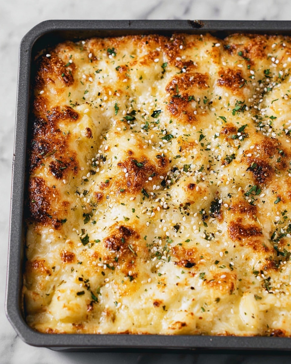 The image shows a close-up view of a baked dish in a dark gray rectangular baking tray, filled with a thick layer of melted cheese that is golden and bubbly on top. The cheese layer has patches of white, creamy areas mixed with light golden-brown crispy spots. Small green herb bits are sprinkled all over, along with white and black sesame seeds, giving the dish extra texture and color contrast. The surface of the cheese has a slightly uneven texture due to melted cheese stretching and baked spots, with some browned edges visible near the tray sides. The tray is set on a white marbled surface, enhancing the warm yellow and white colors of the dish, photo taken with an iphone --ar 4:5 --v 7