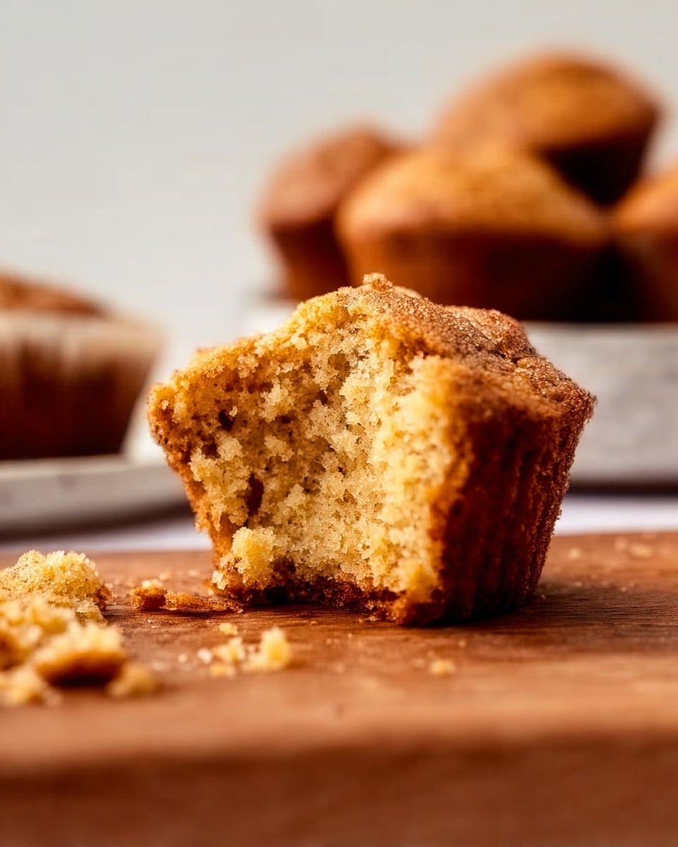 The image shows a close-up of a single golden-brown muffin with a soft crumb texture, cut open to reveal its moist inside. The muffin rests on a wooden surface with some crumbs scattered around it. In the background, there is a blurred white plate holding more muffins, all sitting on a white marbled texture. The lighting highlights the warmth and freshness of the muffin. photo taken with an iphone --ar 4:5 --v 7