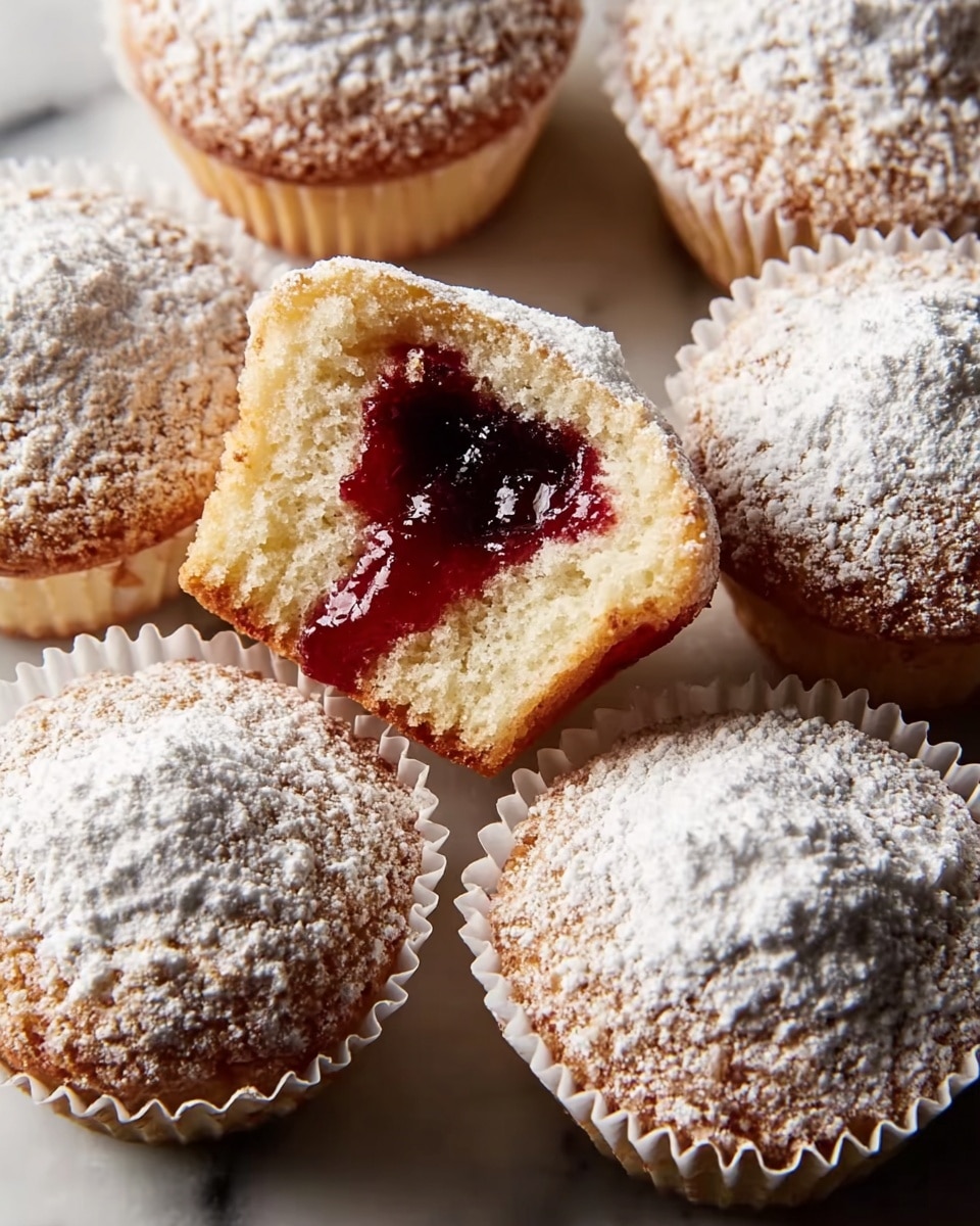 A close-up of seven small cupcakes arranged closely on a white marbled surface, each with a golden-brown top covered in a thick layer of white powdered sugar that looks soft and crumbly; one cupcake in the middle is open, showing a thick, glossy dark red jam filling inside, with the light yellow cake surrounding it, all sitting in white paper liners with slight creases. photo taken with an iphone --ar 4:5 --v 7