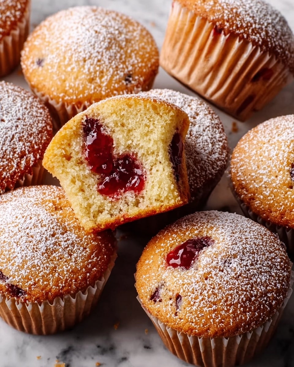 The image shows several golden-brown muffins with a soft, slightly spongy texture, each topped with a dusting of fine white powdered sugar. One muffin is broken in half, revealing a shiny, deep red jam filling inside. The muffins are placed closely together on a white marbled surface, and their muffin liners are a light brown paper. The jam inside contrasts well with the pale yellow crumb of the muffin. photo taken with an iphone --ar 4:5 --v 7