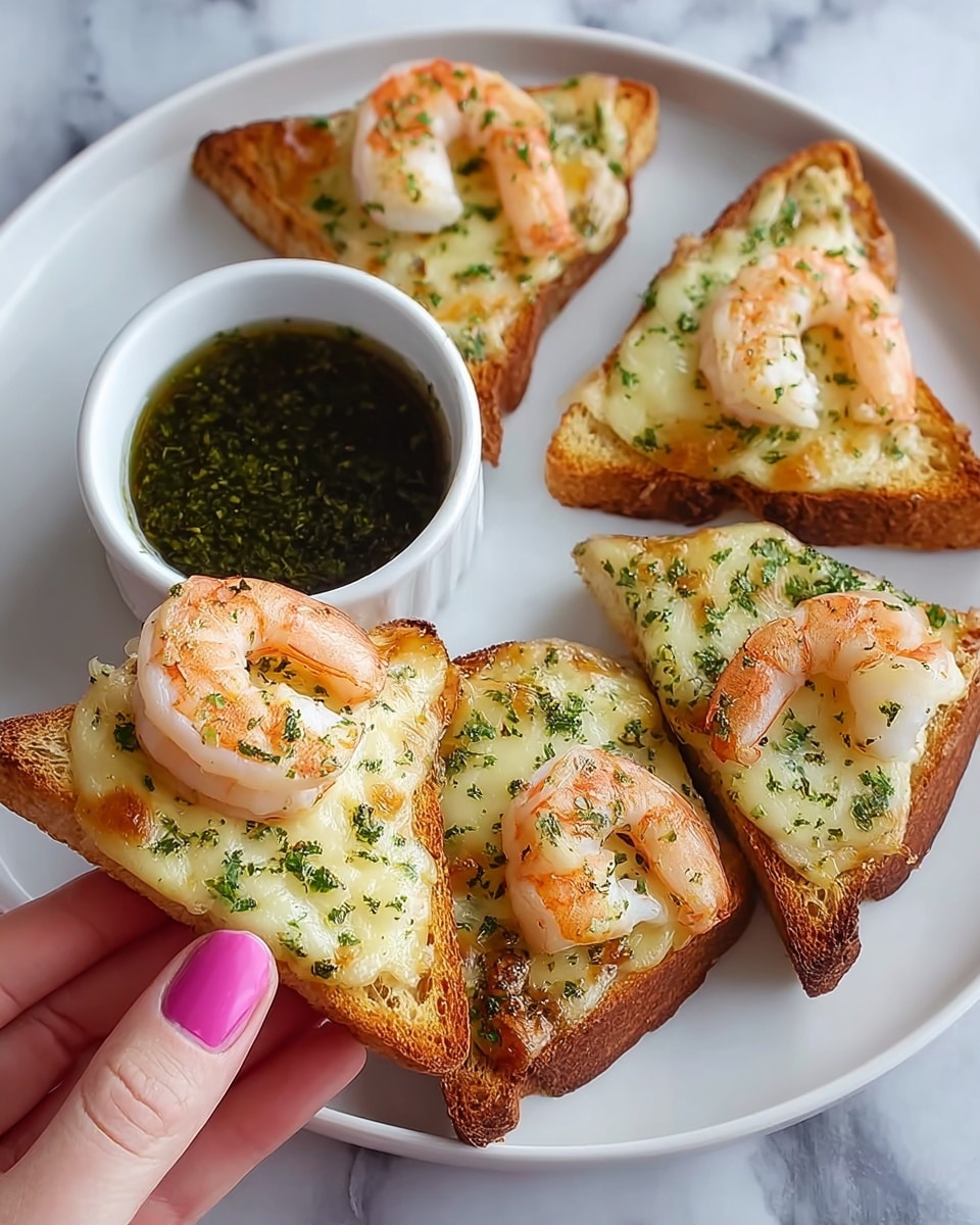 On a white plate placed on a white marbled surface, there are four triangular pieces of toasted bread. Each toast has a golden brown bottom layer, a middle layer of melted, slightly browned cheese with a sprinkle of green herbs, and on top, a single cooked shrimp with a pink and white color. At the center of the plate, there is a small white bowl filled with a dark green sauce. A woman's hand with pink nail polish is holding one of the shrimp toasts in the front. photo taken with an iphone --ar 4:5 --v 7