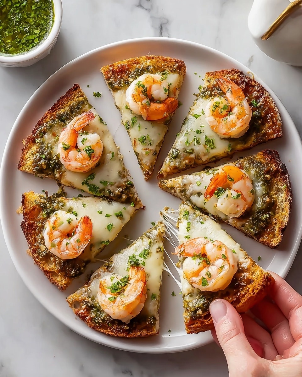 A white plate holds six triangular slices of crispy bread as the base, each topped with a layer of melted white cheese that looks creamy and slightly browned at the edges. On top of the cheese is a spread of green herb sauce that adds a fresh look. Each slice is garnished with a single cooked shrimp that is orange and white, with tiny green herb pieces sprinkled over everything. The plate sits on a white marbled surface, next to a small white bowl containing more green sauce. A woman's hand is holding one slice, showing the cheese stretch slightly. Photo taken with an iphone --ar 4:5 --v 7