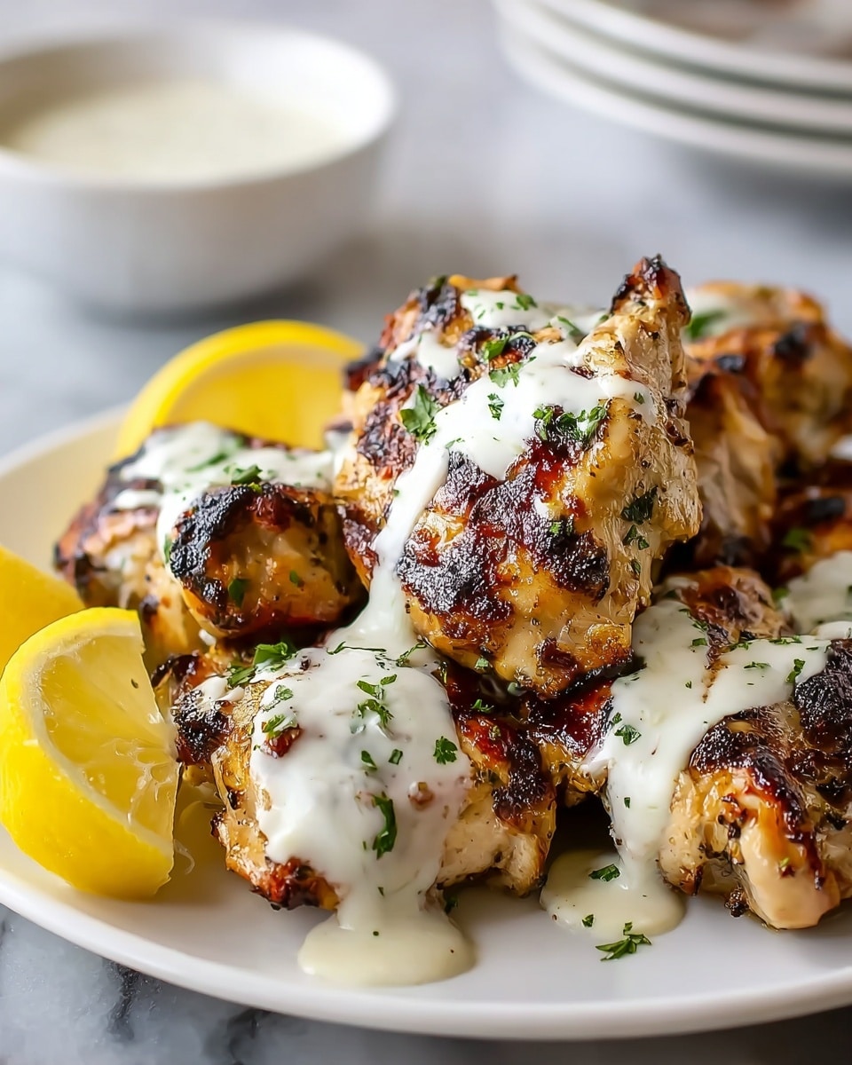 Several grilled chicken pieces with dark char marks and a golden-brown crust are stacked on a white round plate. Each piece is topped with a creamy white sauce drizzled unevenly and sprinkled with finely chopped green herbs. Two bright yellow lemon wedges are placed at the left edge of the plate. The plate rests on a white marbled surface with a blurred white bowl in the background. photo taken with an iphone --ar 4:5 --v 7