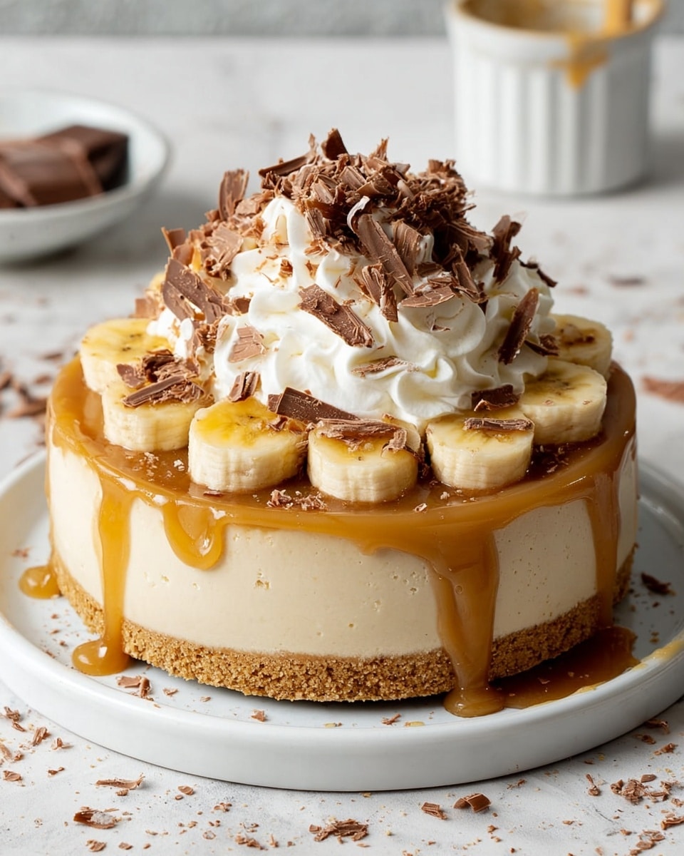 A round three-layer dessert on a white plate with a crumbly light brown base layer, a thick creamy beige middle layer, and a smooth caramel-colored sauce dripping over the edges. On top, there is a layer of sliced bananas laying flat in a circle. Above the bananas is a generous mound of fluffy white whipped cream, sprinkled with delicate chocolate shavings that add texture and a rich brown color. The whole dessert sits on a white marbled surface with scattered chocolate shavings around it. photo taken with an iphone --ar 4:5 --v 7