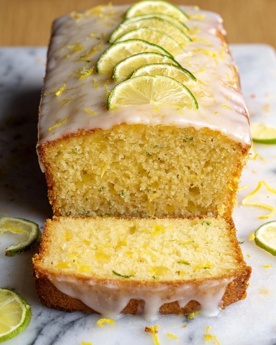 The image shows a rectangular loaf cake on a white marbled surface, covered with white glaze that drips down the sides and pools at the base. On top, there are thin slices of lime and lemon placed in a scattered pattern, along with bright yellow lemon zest sprinkled over the glaze. The cake appears moist and golden brown, with a slightly rough texture visible on the sides. In the background, there is a white bowl filled with whole lemons and some zucchinis, adding fresh green and yellow colors to the scene. Photo taken with an iphone --ar 4:5 --v 7