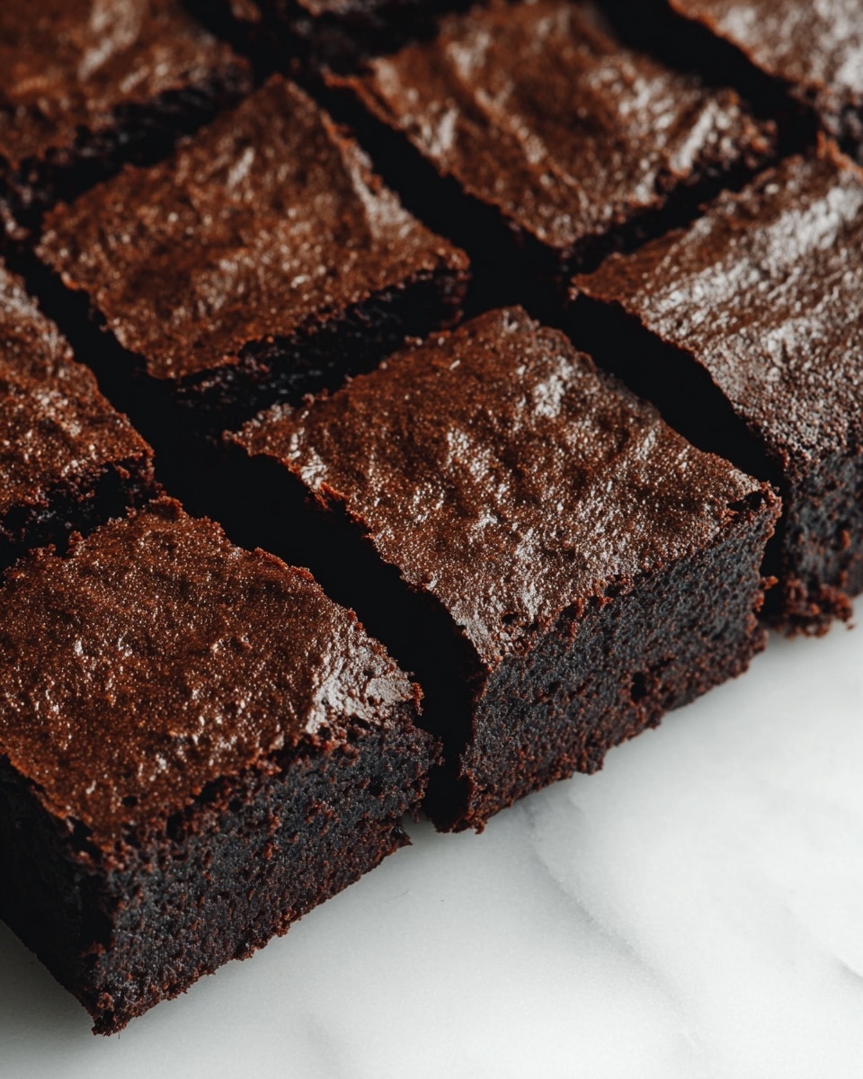 The image shows a block of dark chocolate brownies cut into 12 square pieces. The brownies have a shiny, slightly rough top layer with a rich, dark brown color and moist texture. Each piece is thick and dense, with a uniform height, suggesting a fudgy consistency. The edges of the brownies are slightly crisp, contrasting with the soft inside. The block is placed directly on a white marbled texture. photo taken with an iphone --ar 4:5 --v 7