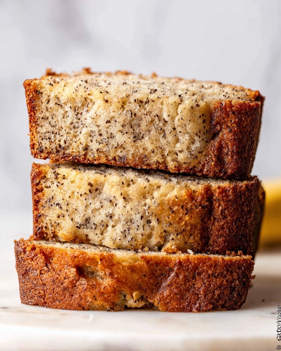 A stack of three slices of banana bread is shown, each slice layered on top of the other. The bottom slice has a golden-brown crust with a soft, light beige interior speckled with dark brown bits scattered evenly. The middle slice sits directly on the bottom one, showing the same texture with a moist, dense crumb that has tiny holes and visible pieces of banana. The top slice has a slightly rough texture on the crust edges with evenly spread dark specks throughout the light, spongy inside. The stack is set against a white marbled background, emphasizing the warm tones of the bread. Photo taken with an iphone --ar 4:5 --v 7