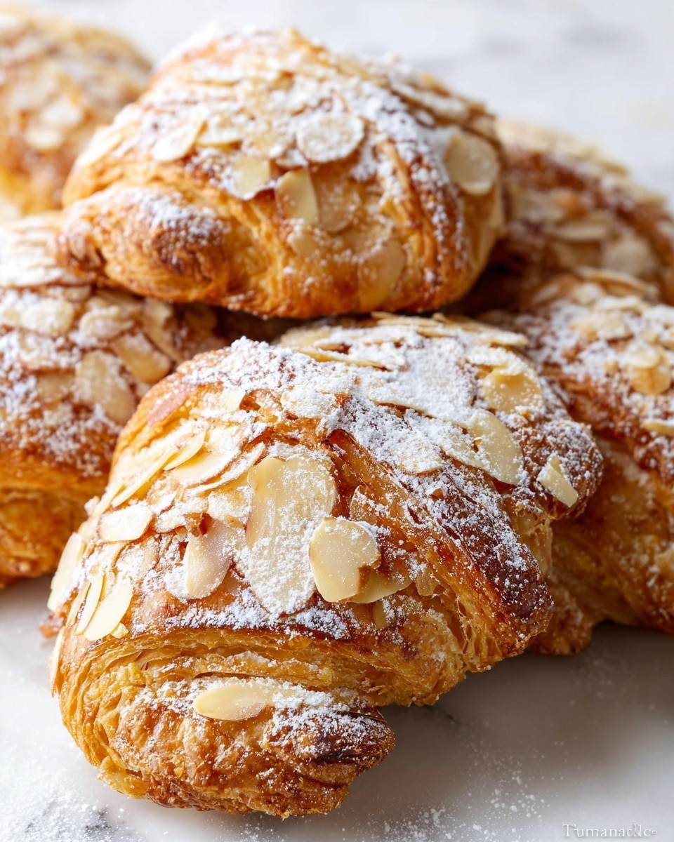 The image shows several almond croissants stacked closely together on a white marbled surface. Each croissant has a golden brown, flaky crust covered with thin, light tan almond slices and a dusting of fine white powdered sugar. The croissants have a layered, curved shape with visible crispy edges and textured surfaces that highlight their flaky pastry layers. The almond slices and powdered sugar evenly coat the top of the croissants, giving them a delicate, slightly rough look. Photo taken with an iphone --ar 4:5 --v 7