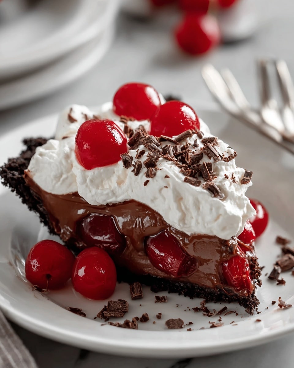 A slice of chocolate cream pie sits on a white plate, showing four distinct layers: a dark, crumbly chocolate crust at the bottom, topped with a smooth, thick chocolate filling containing bright red cherries inside, then a thick layer of white whipped cream with soft peaks, and finally garnished with more shiny red cherries and small dark chocolate shavings on top and around the plate. The pie slice is placed on a white marbled surface, with a silver fork slightly blurred in the background. photo taken with an iphone --ar 4:5 --v 7