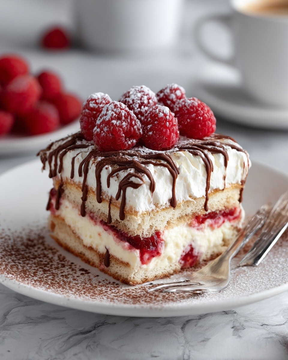 A slice of layered dessert with three visible layers: the bottom and middle layers are creamy white with chunks of red raspberries, separated by light brown sponge cake soaked in liquid. The top layer is white cream, drizzled with dark chocolate sauce and topped with fresh red raspberries dusted with powdered sugar. The dessert sits on a white plate sprinkled with cocoa powder, with a silver fork on the right side. The background has a white marbled texture with a blurred white cup and plate holding more raspberries, and a woman's hand reaching in to the left. Photo taken with an iphone --ar 4:5 --v 7