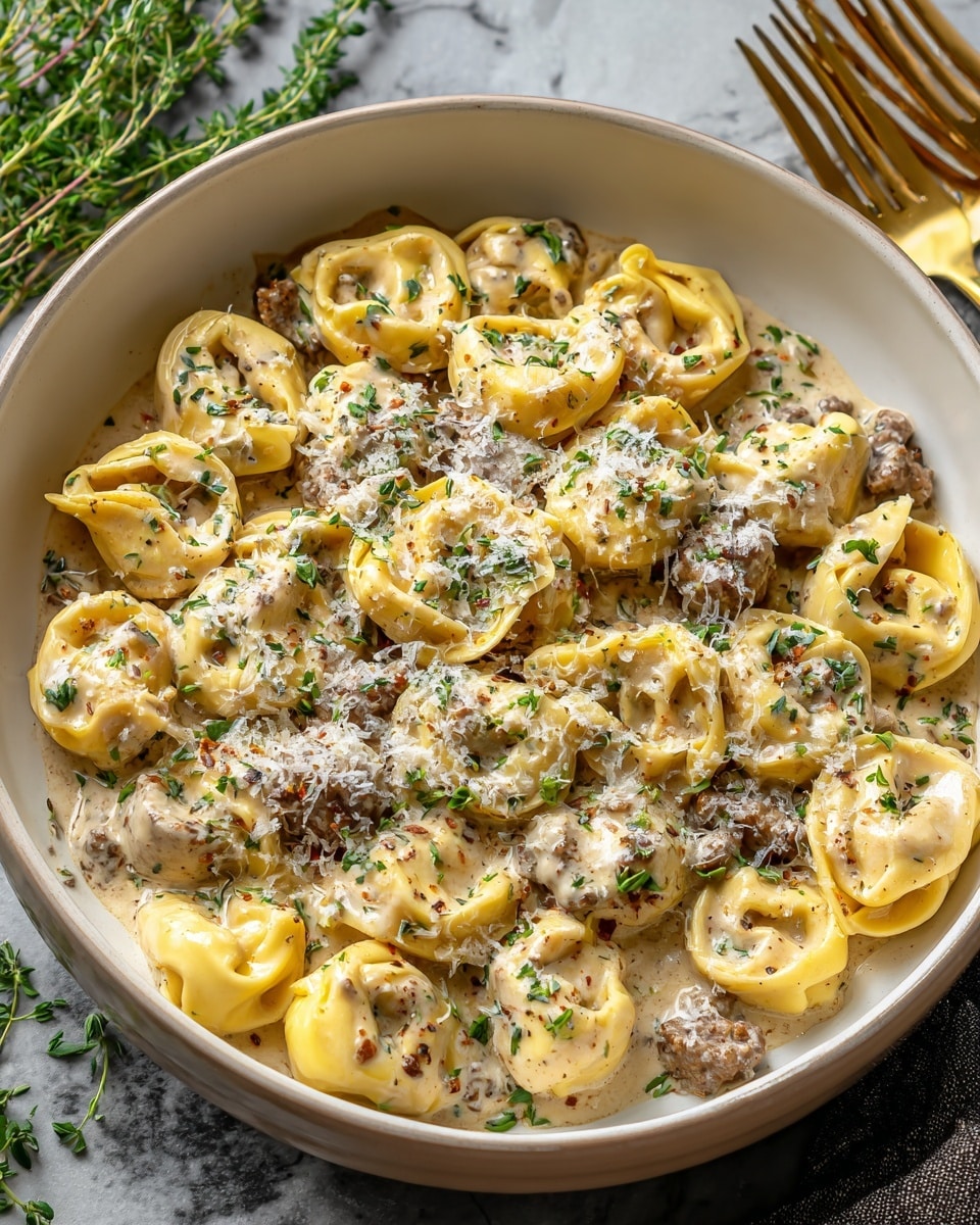 A white bowl filled with multiple yellow tortellini pasta pieces coated in a creamy, light beige sauce mixed with small pieces of browned sausage and sliced mushrooms. The dish is topped with finely chopped green herbs and a generous sprinkle of grated white cheese, adding texture and color contrast. The bowl sits on a white marbled surface with two gold forks placed nearby, enhancing the elegant look. A few sprigs of fresh green herbs lie in the background. Photo taken with an iphone --ar 4:5 --v 7