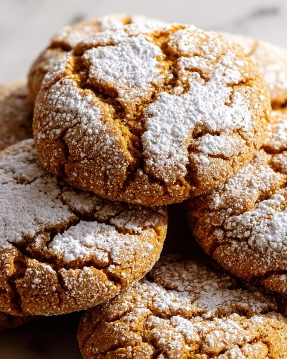 A close-up view of several round cookies stacked together, each cookie has a cracked surface with a rough texture, showing a golden brown color. The cookies are covered lightly with a dusting of white powdered sugar that contrasts with the warm tones. The background is a white marbled surface, softly blurred, to keep focus on the cookies. photo taken with an iphone --ar 4:5 --v 7